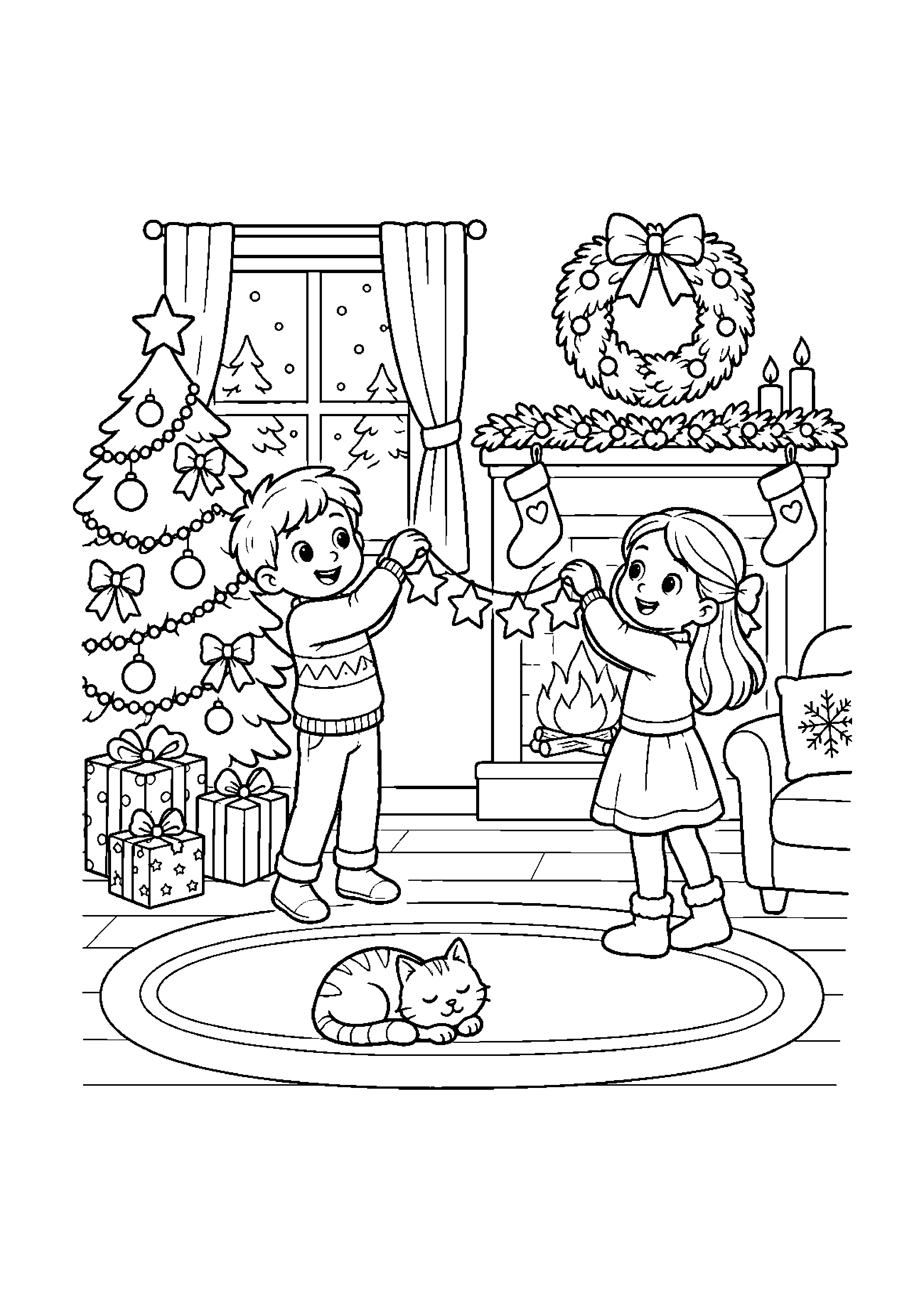 Coloriage enfants décorant le sapin, composition 46 de Noël à imprimer gratuitement