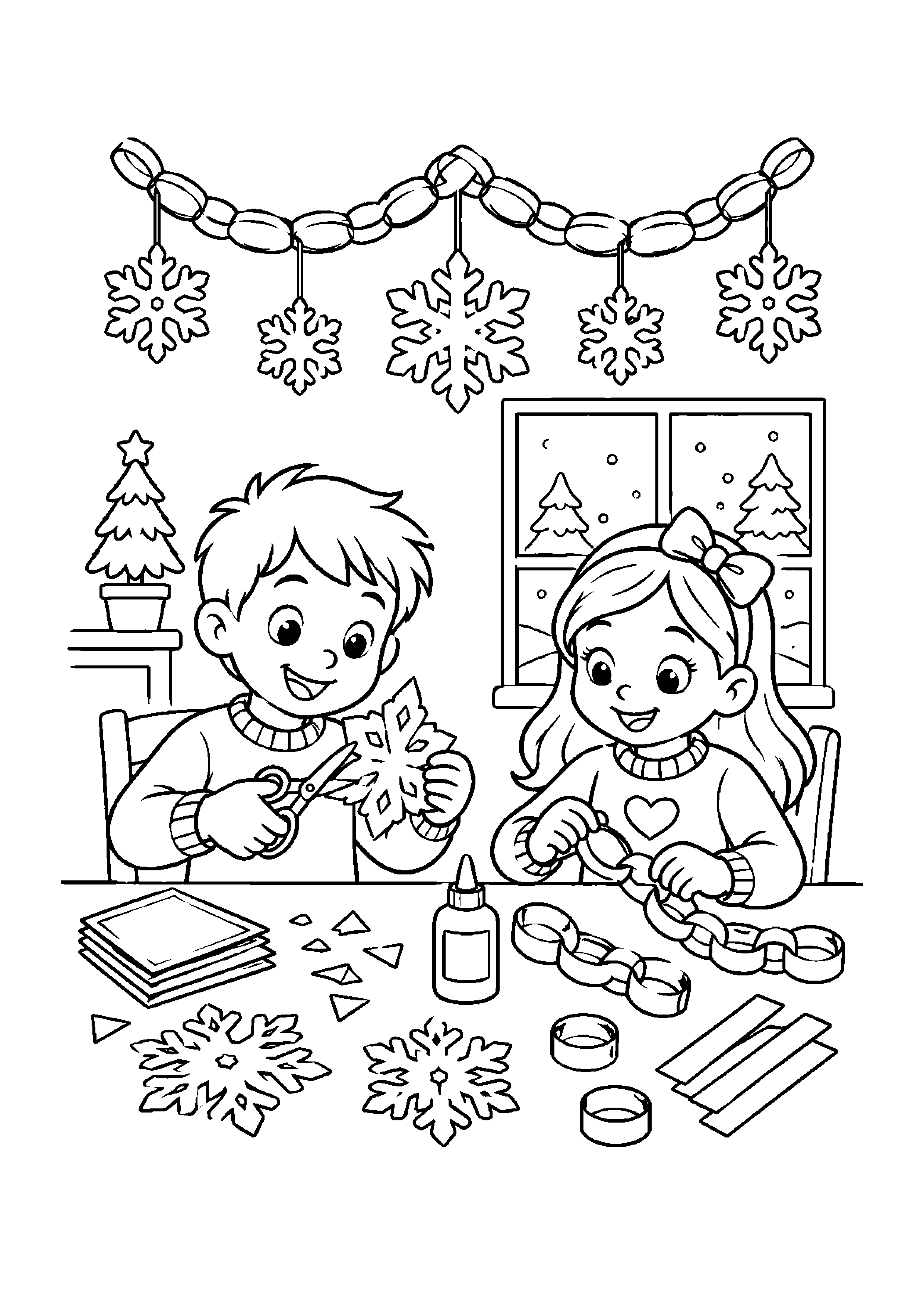 Coloriage village enneigé, composition 54 de Noël à imprimer gratuitement