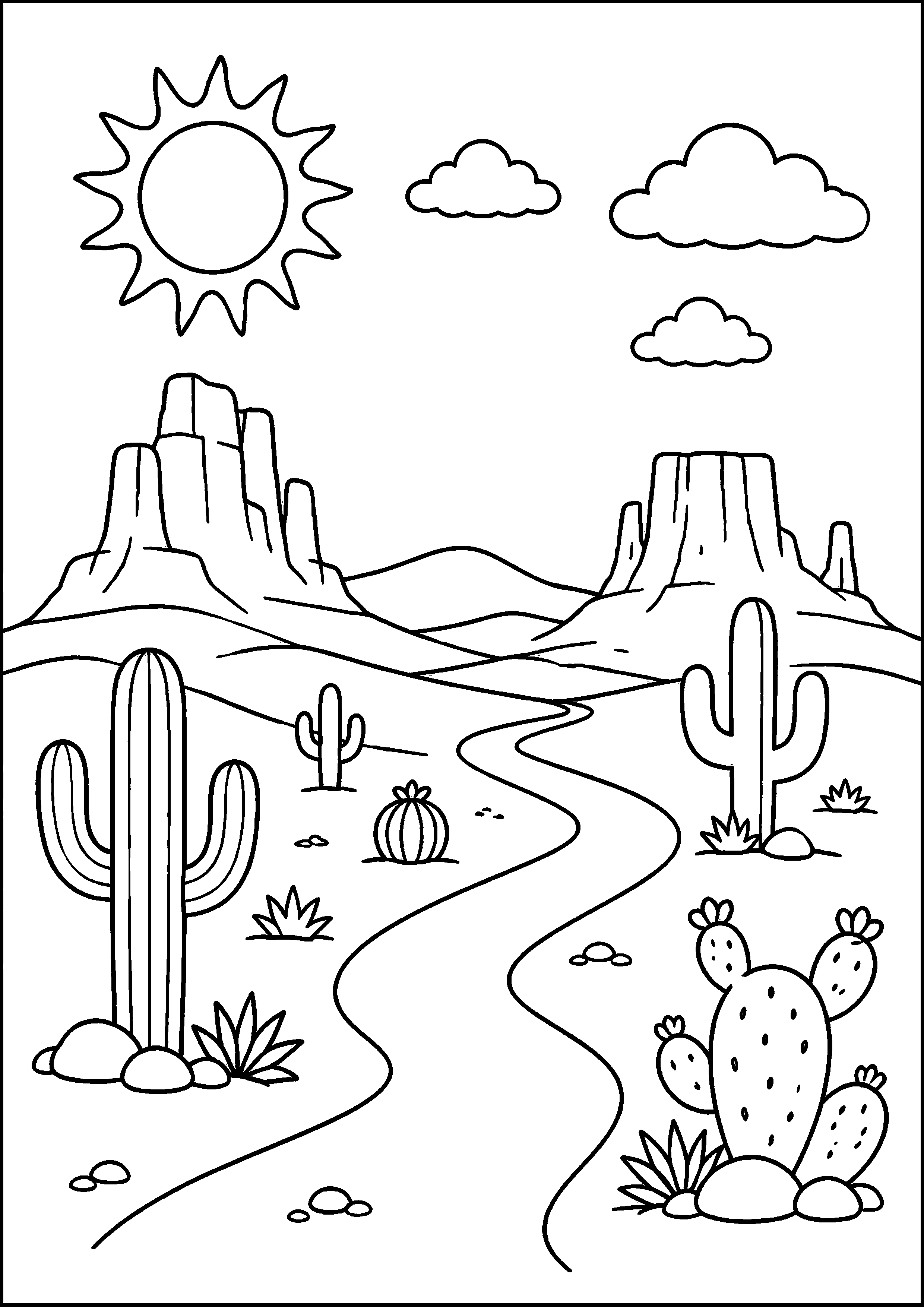Coloriage route à travers le désert avec cactus et mesas à imprimer