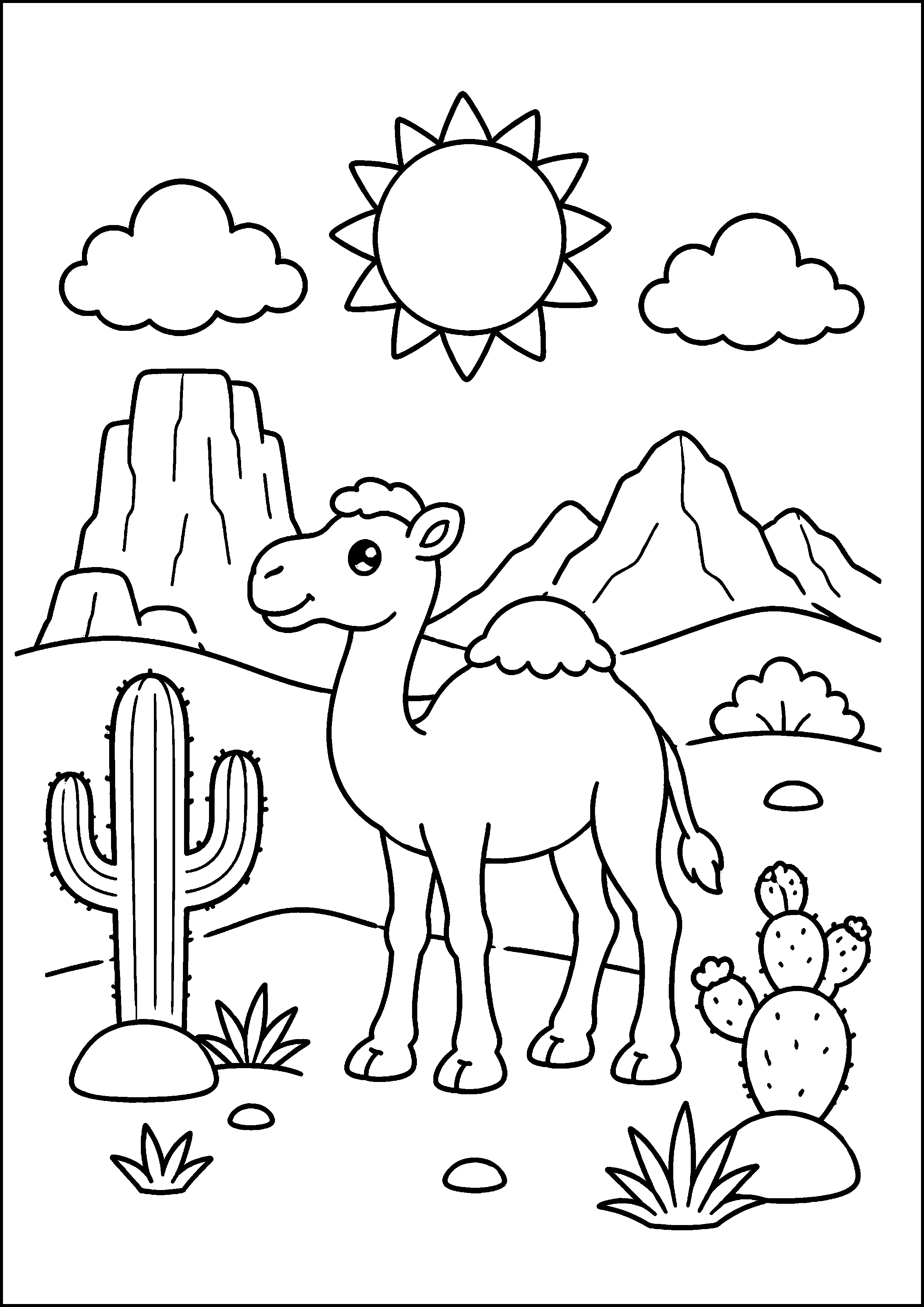 Coloriage chameau dans le désert avec montagnes et cactus à imprimer