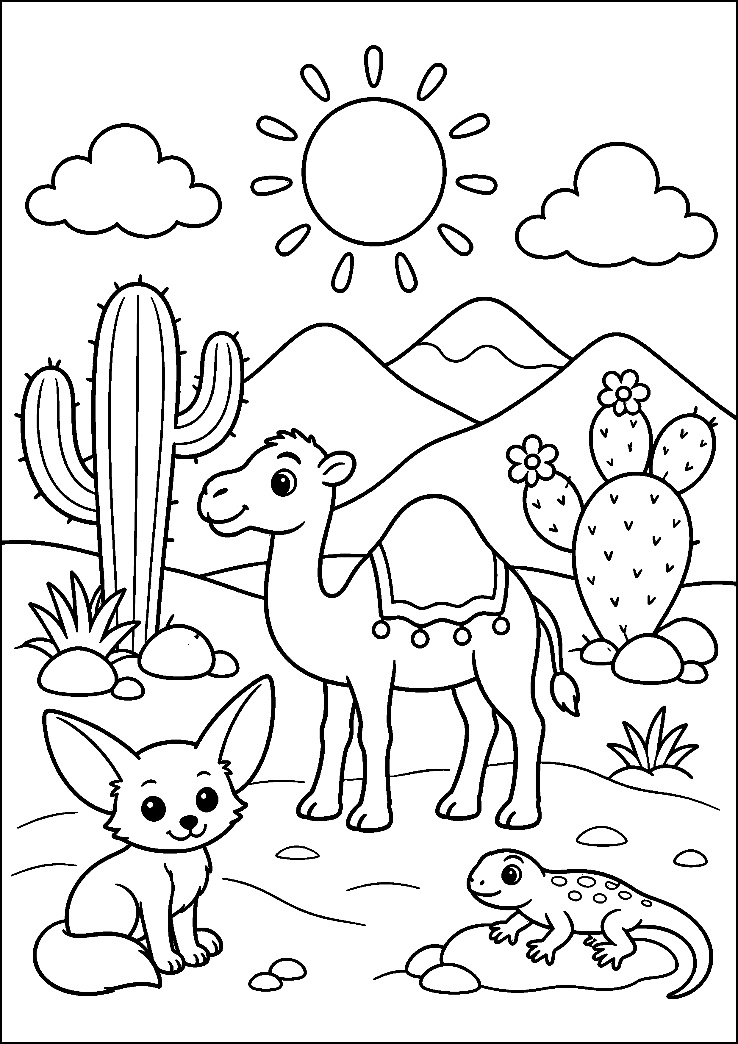 Coloriage chameau avec fennec et cactus à imprimer gratuitement