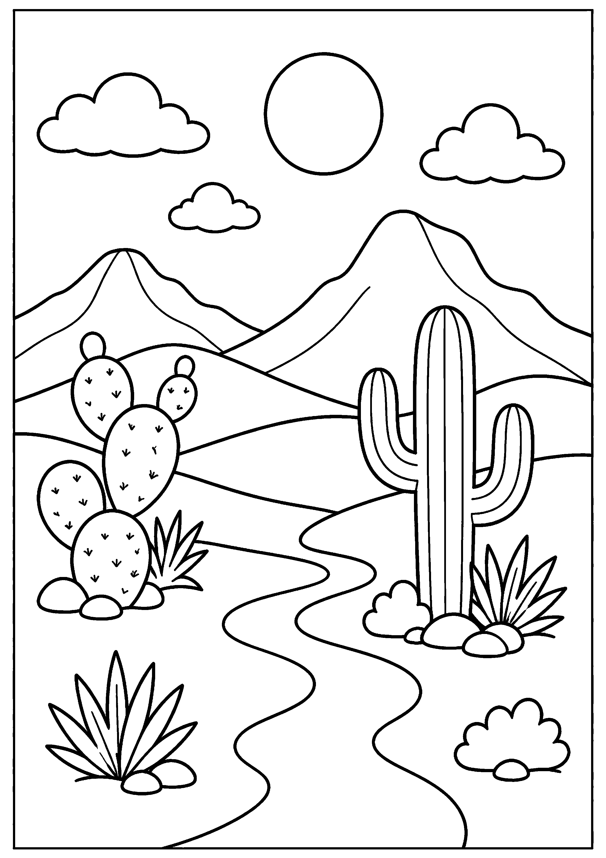 Coloriage sentier sinueux entre dunes, cactus et montagnes à imprimer gratuitement