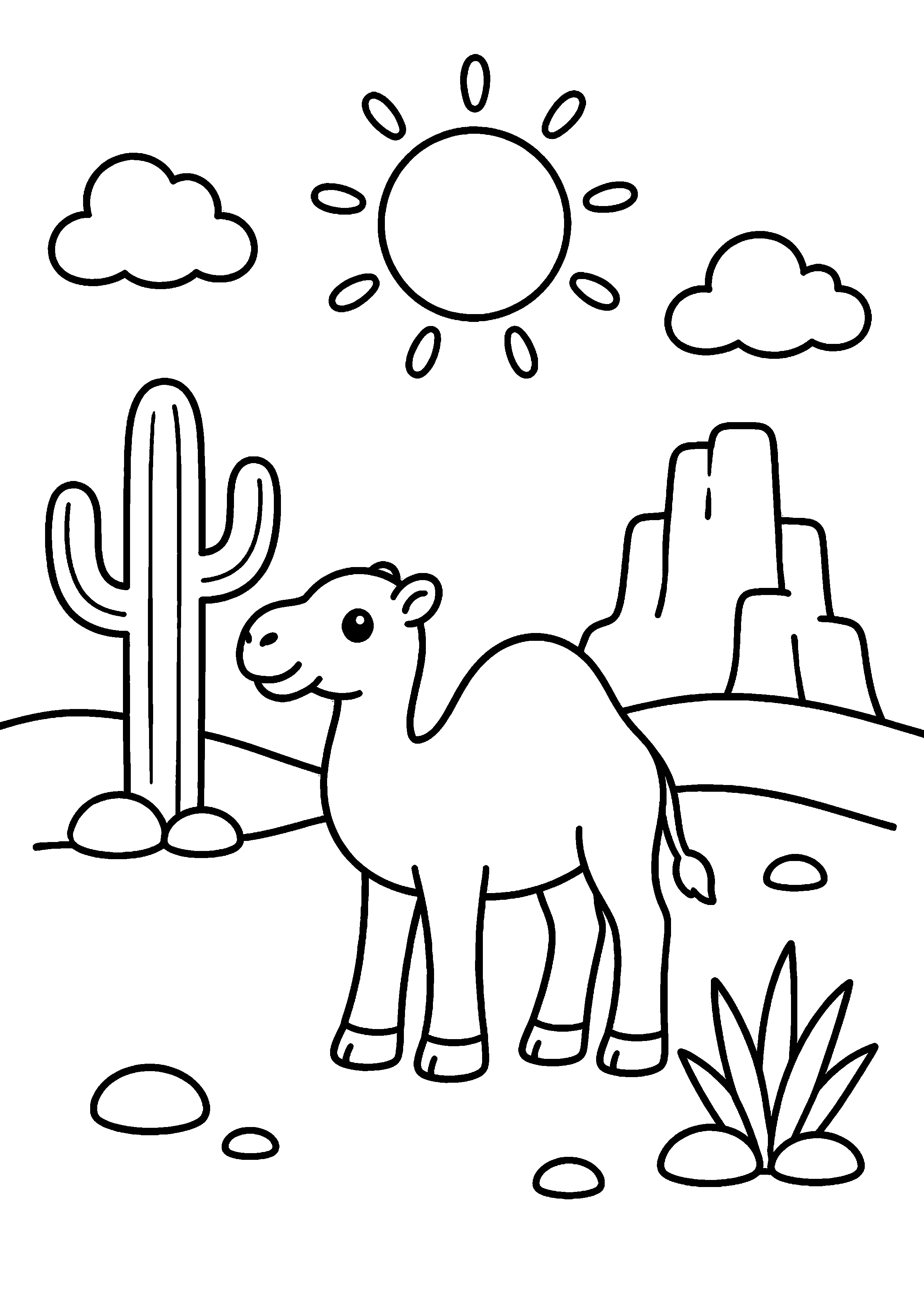 Coloriage chameau près d’un cactus et d’un rocher à imprimer gratuitement