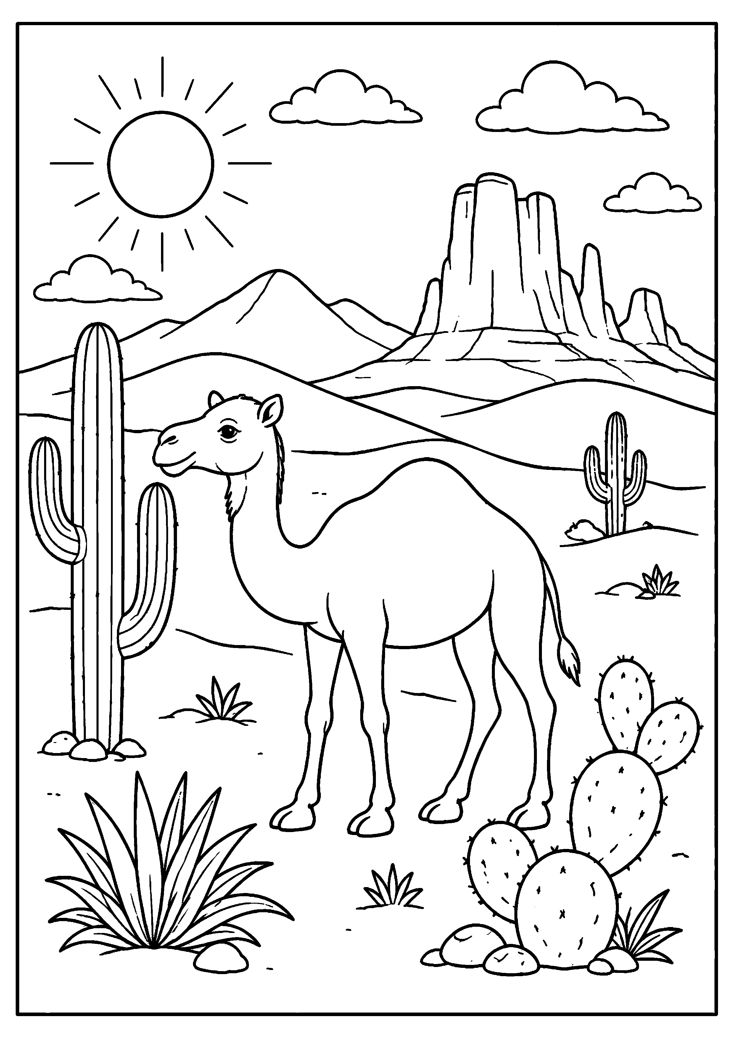 Coloriage chameau dans un paysage de mesas et cactus à imprimer gratuitement