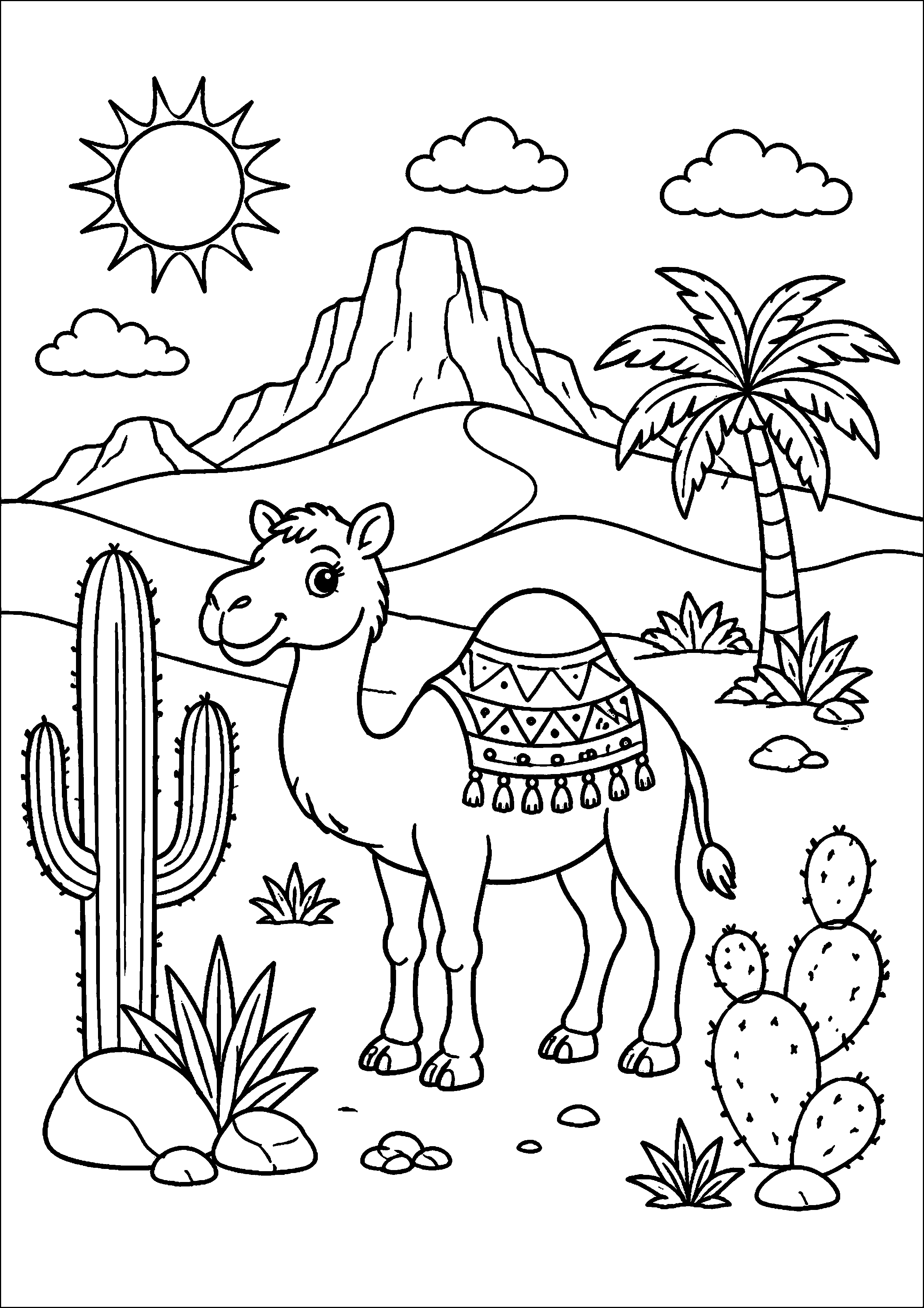 Coloriage chameau harnaché dans un paysage désertique à imprimer gratuitement