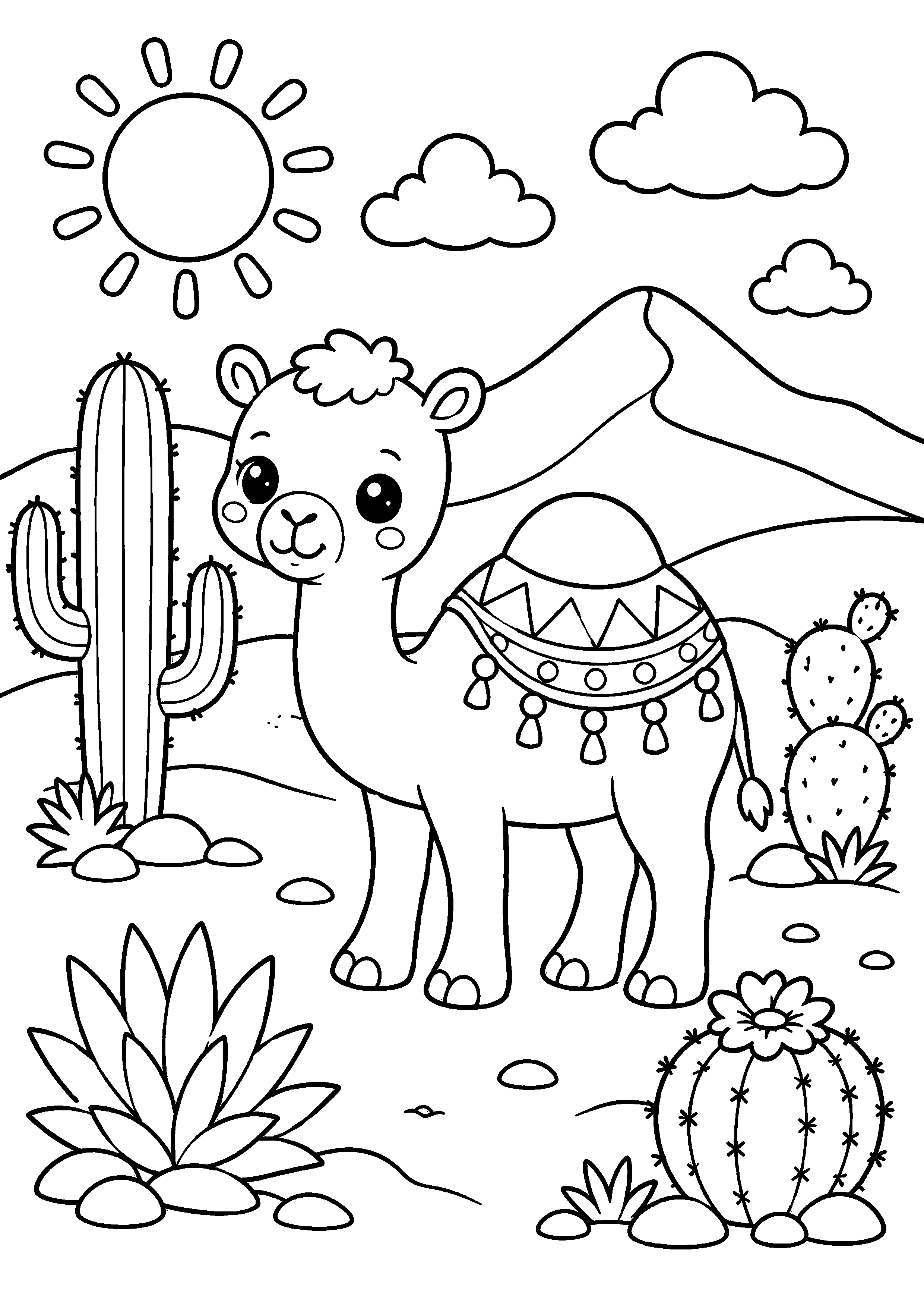 Coloriage chameau décoré devant montagnes et cactus à imprimer gratuitement