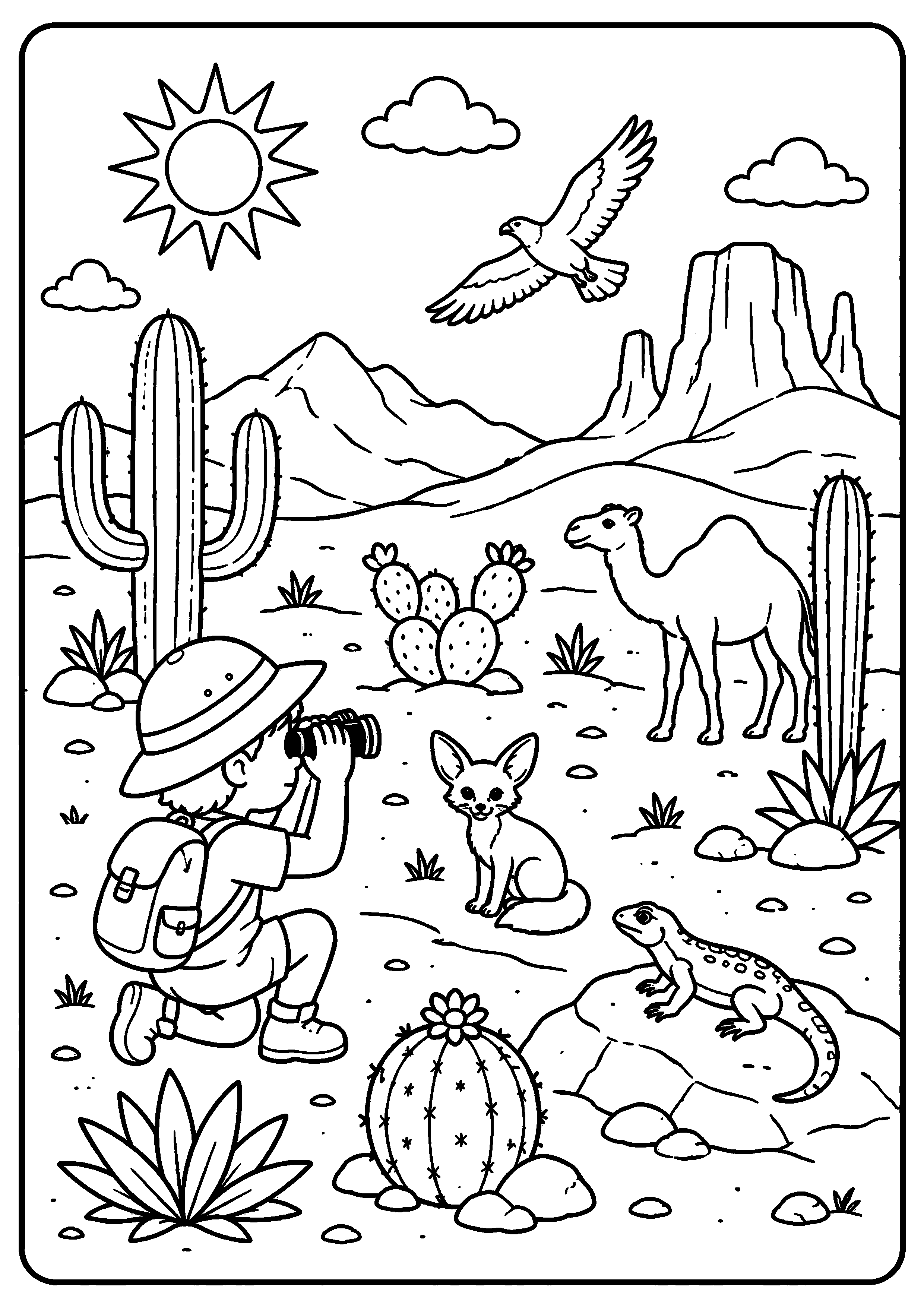 Coloriage explorateur dans le désert avec chameau et animaux à imprimer gratuitement