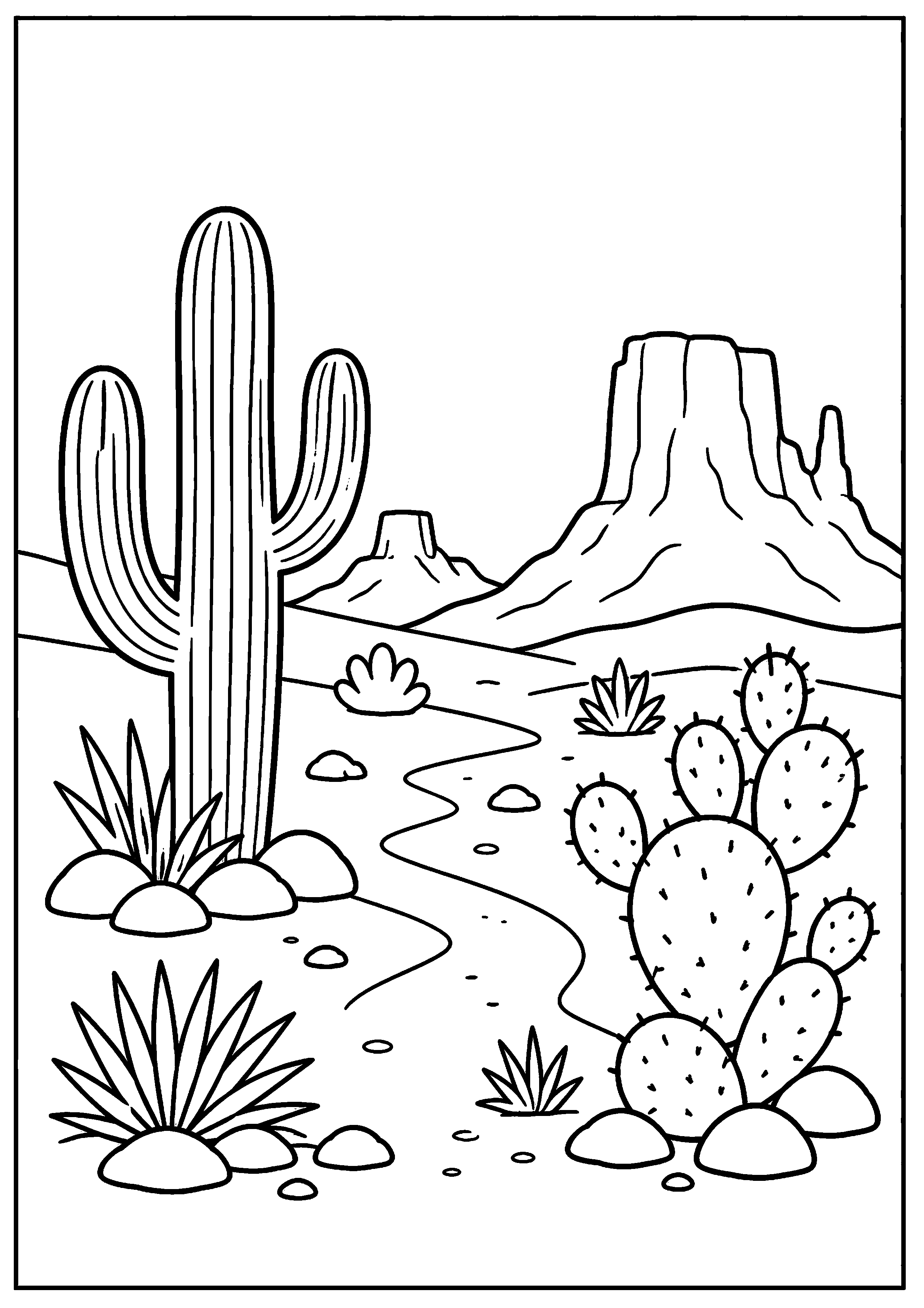Coloriage chemin désertique entre cactus et mesas à imprimer gratuitement