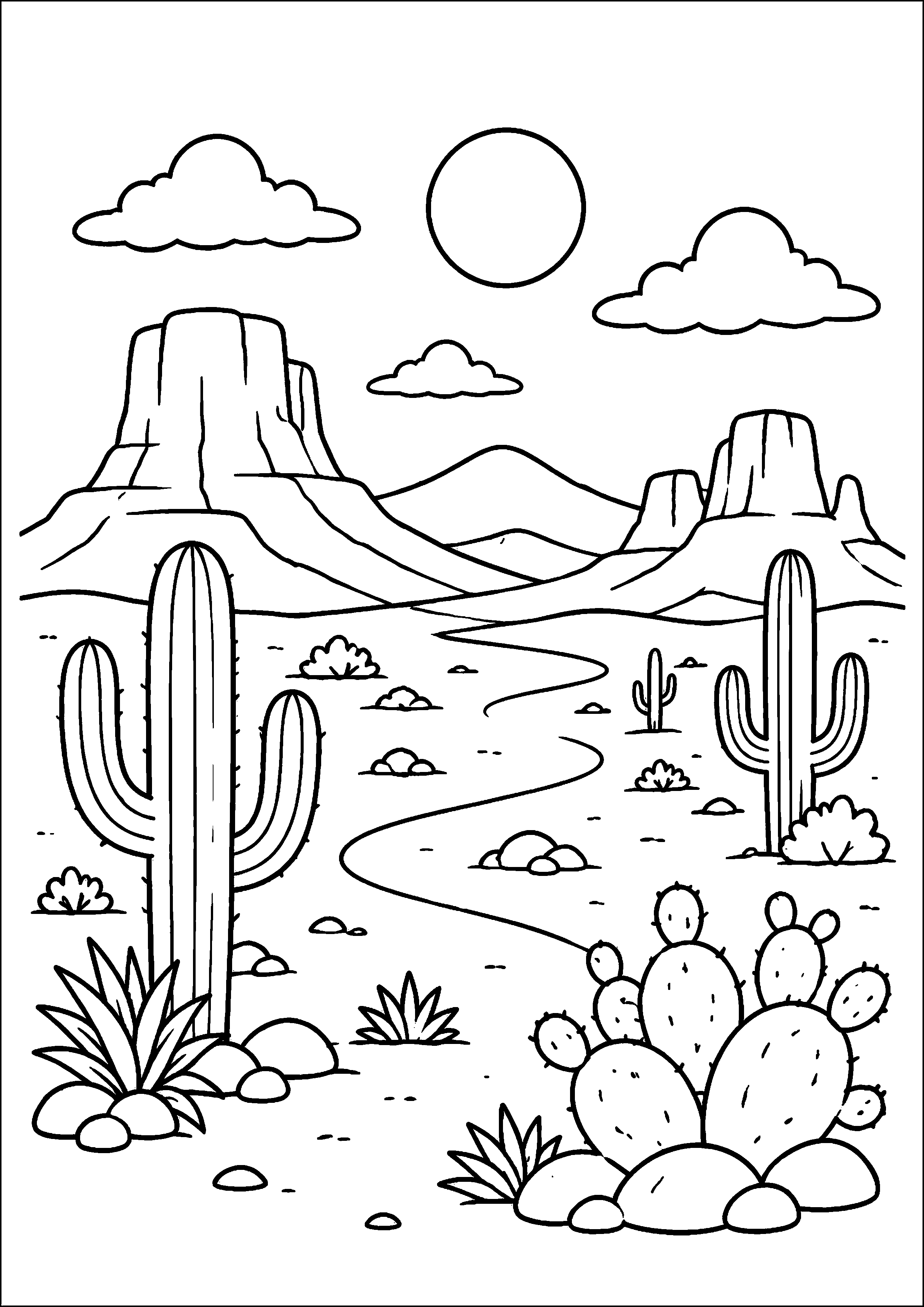 Coloriage vaste paysage désertique avec cactus et mesas à imprimer gratuitement