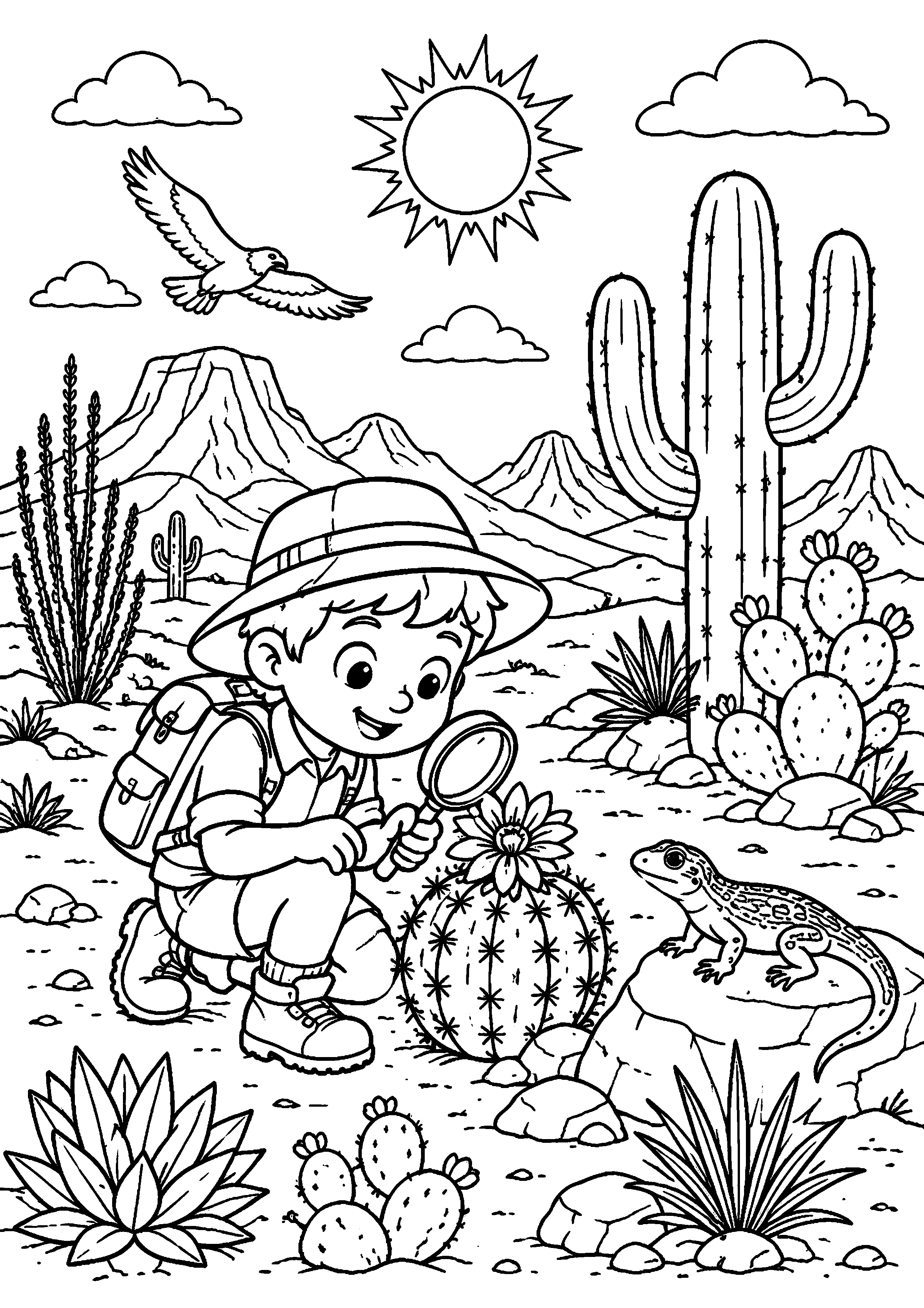 Coloriage enfant explorateur observant un cactus dans le désert à imprimer gratuitement