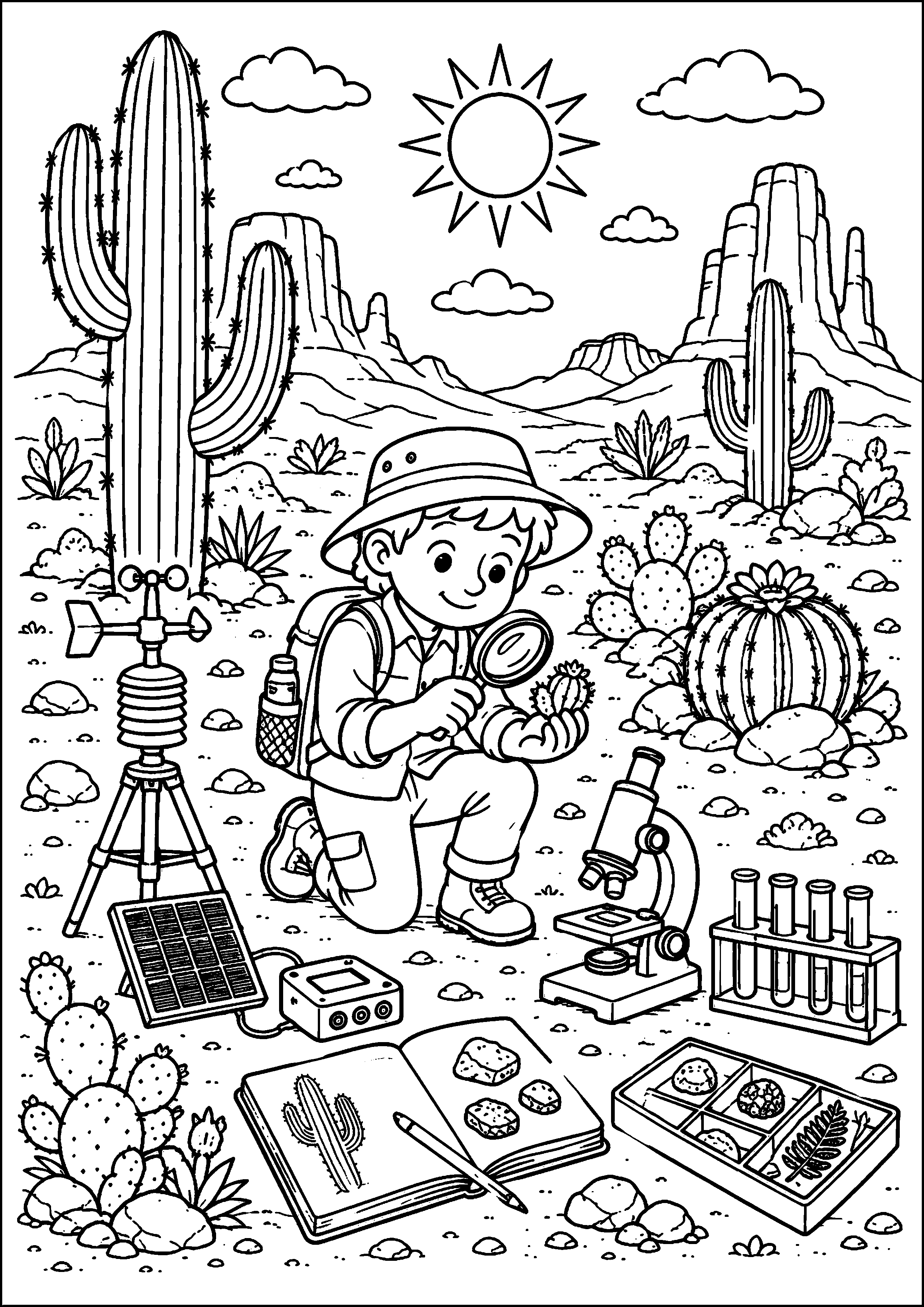 Coloriage jeune scientifique faisant des mesures dans le désert à imprimer gratuitement