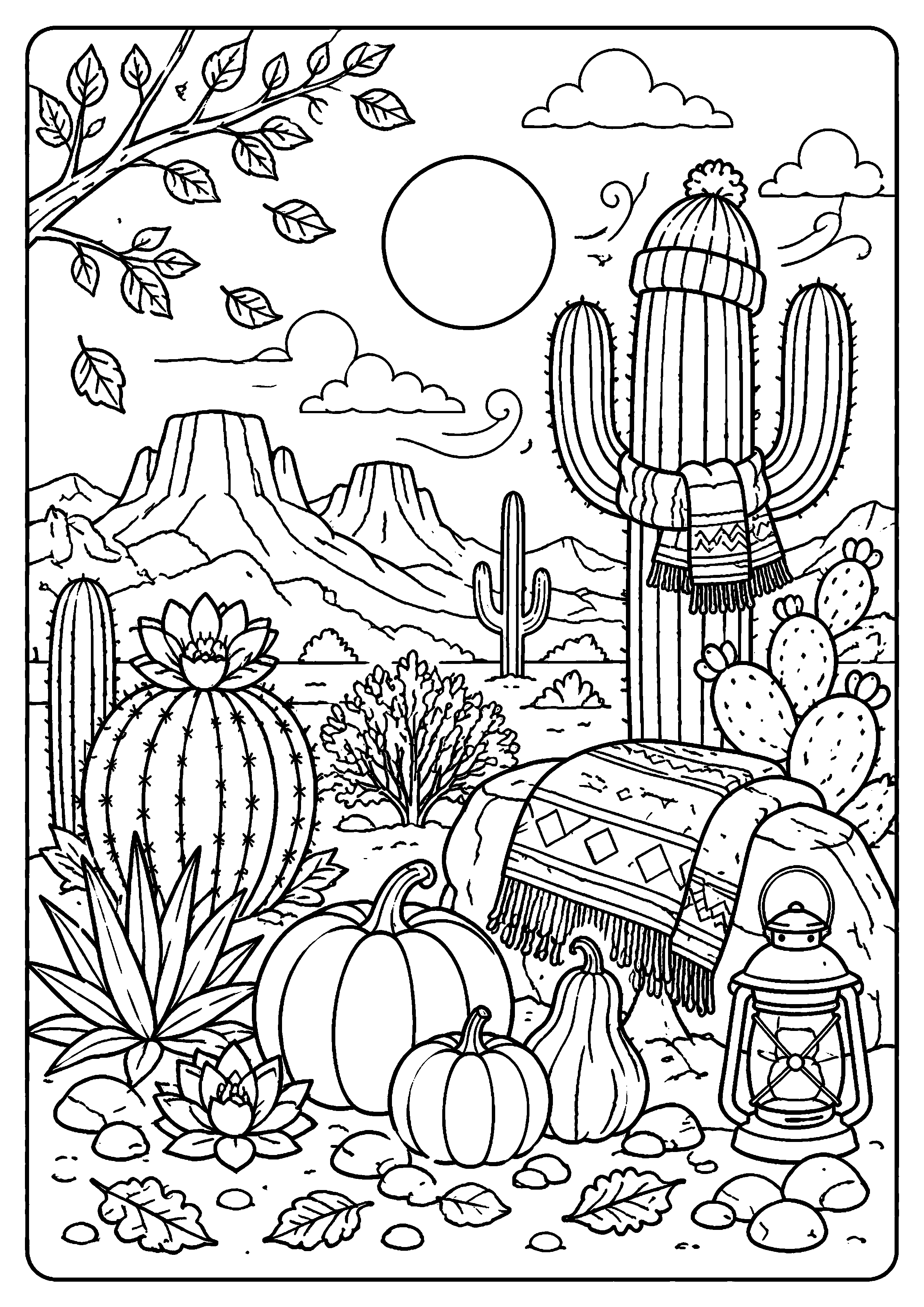 Coloriage campement décoratif au milieu des cactus à imprimer gratuitement