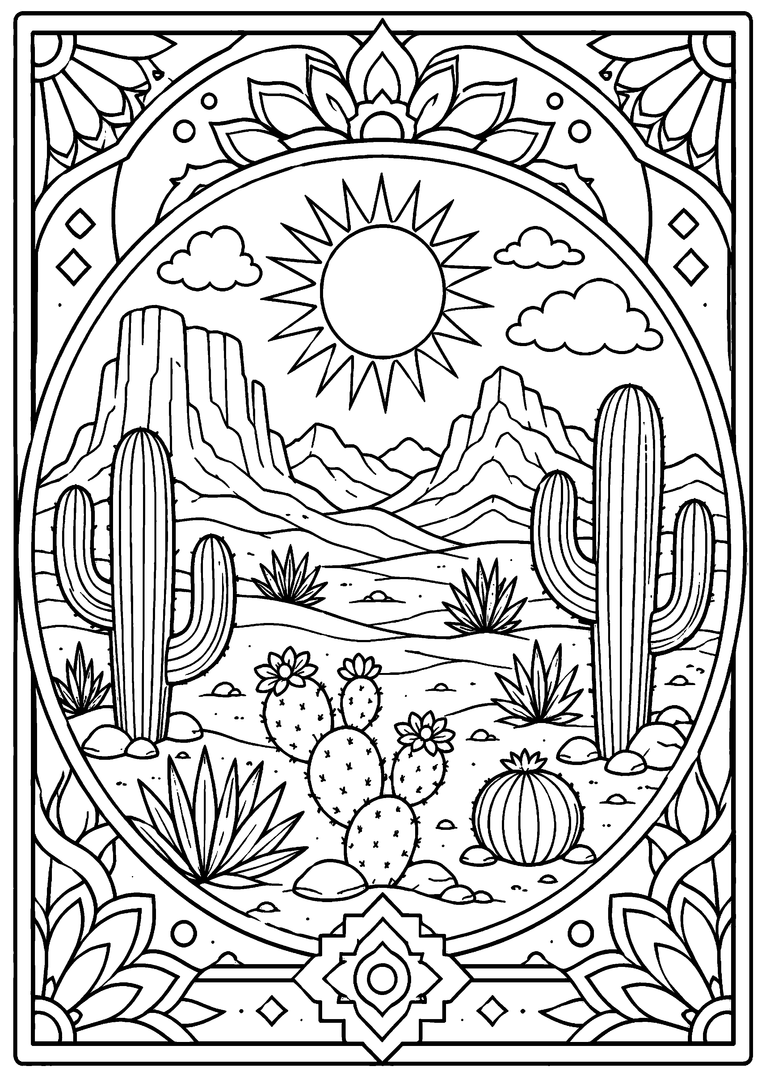 Coloriage paysage désertique encadré de motifs géométriques à imprimer gratuitement