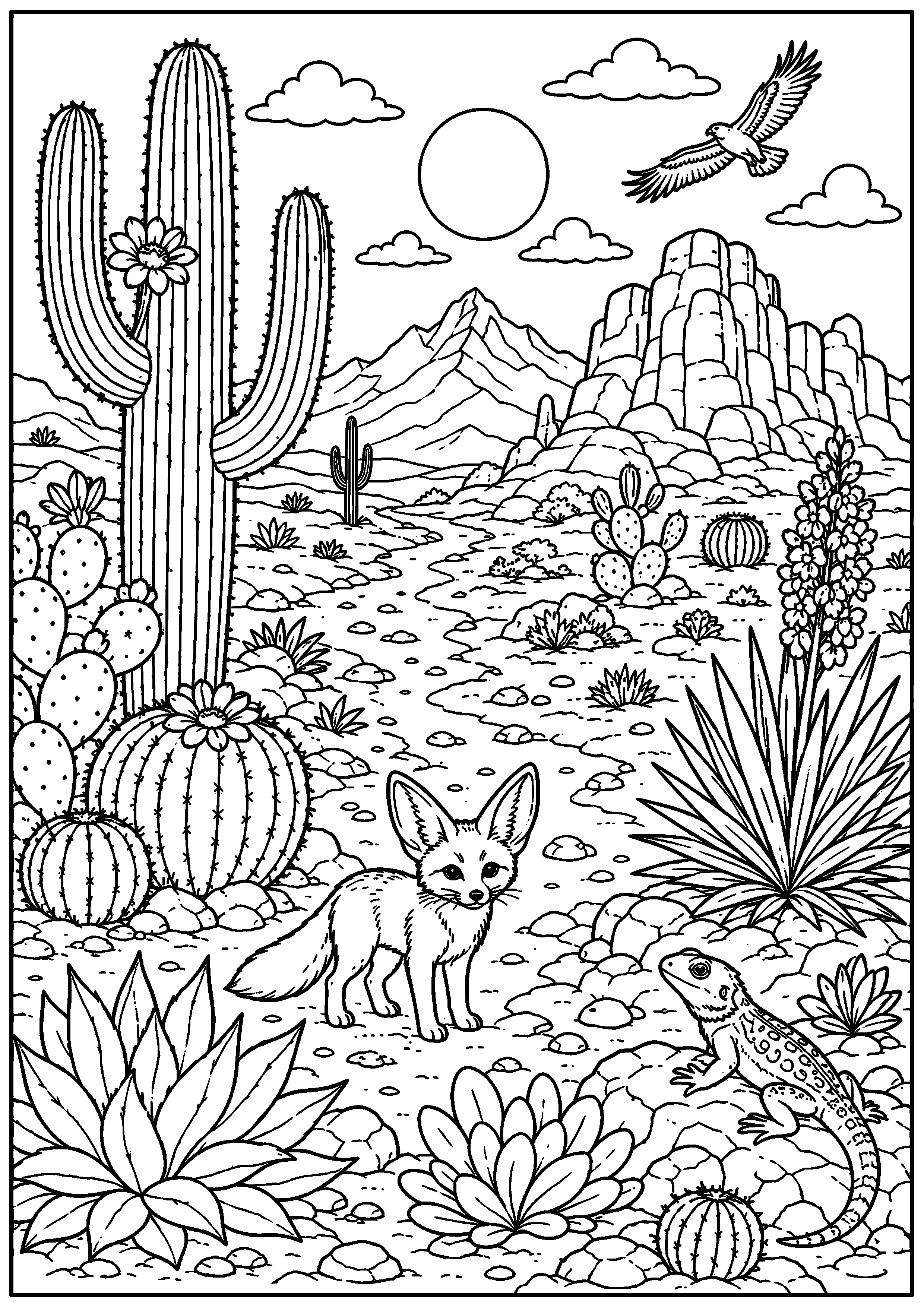 Coloriage panorama détaillé du désert avec cactus et aigle à imprimer gratuitement