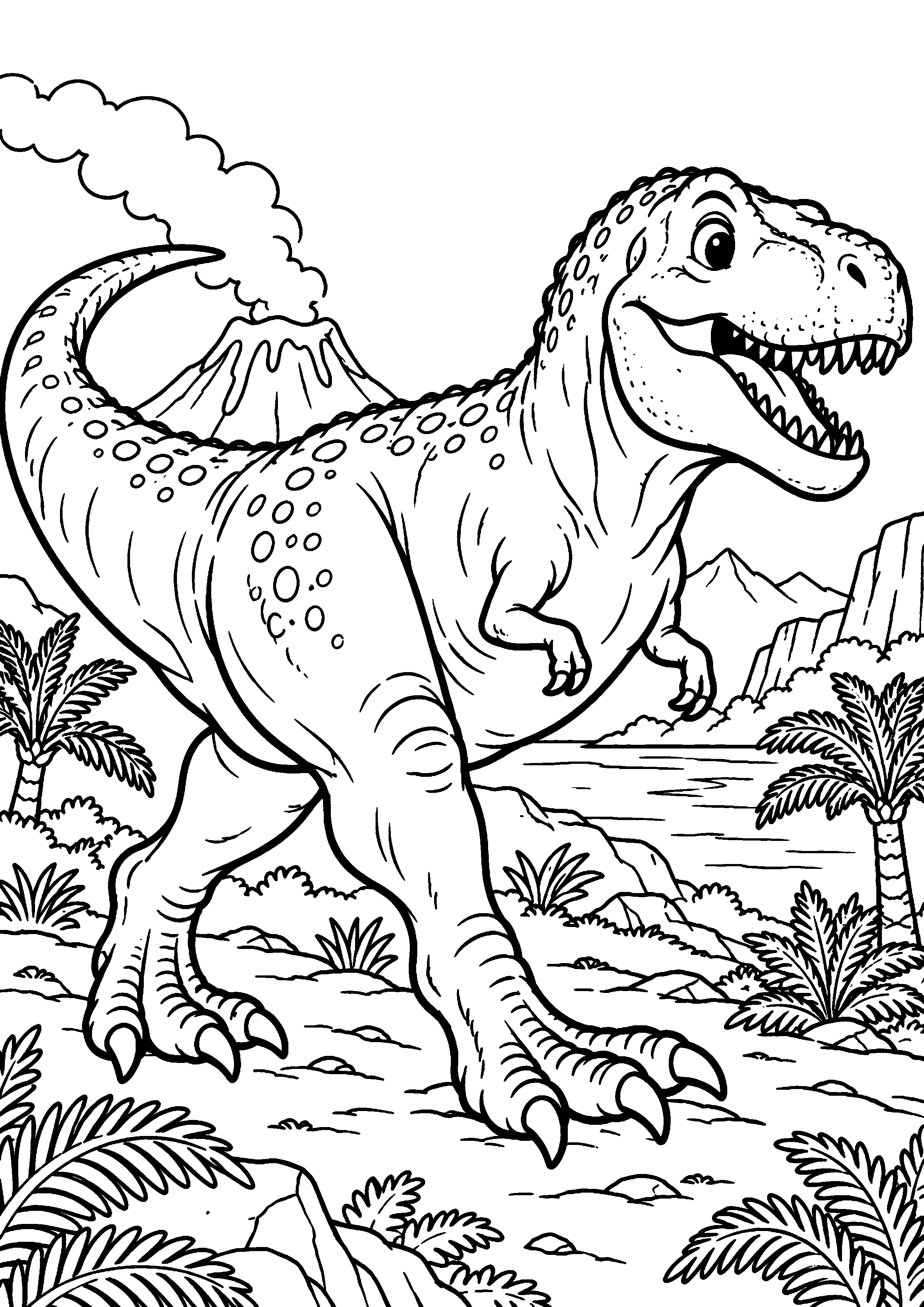 Coloriage de dinosaure représentant grand tyrannosaure amical marchant de profil en grand