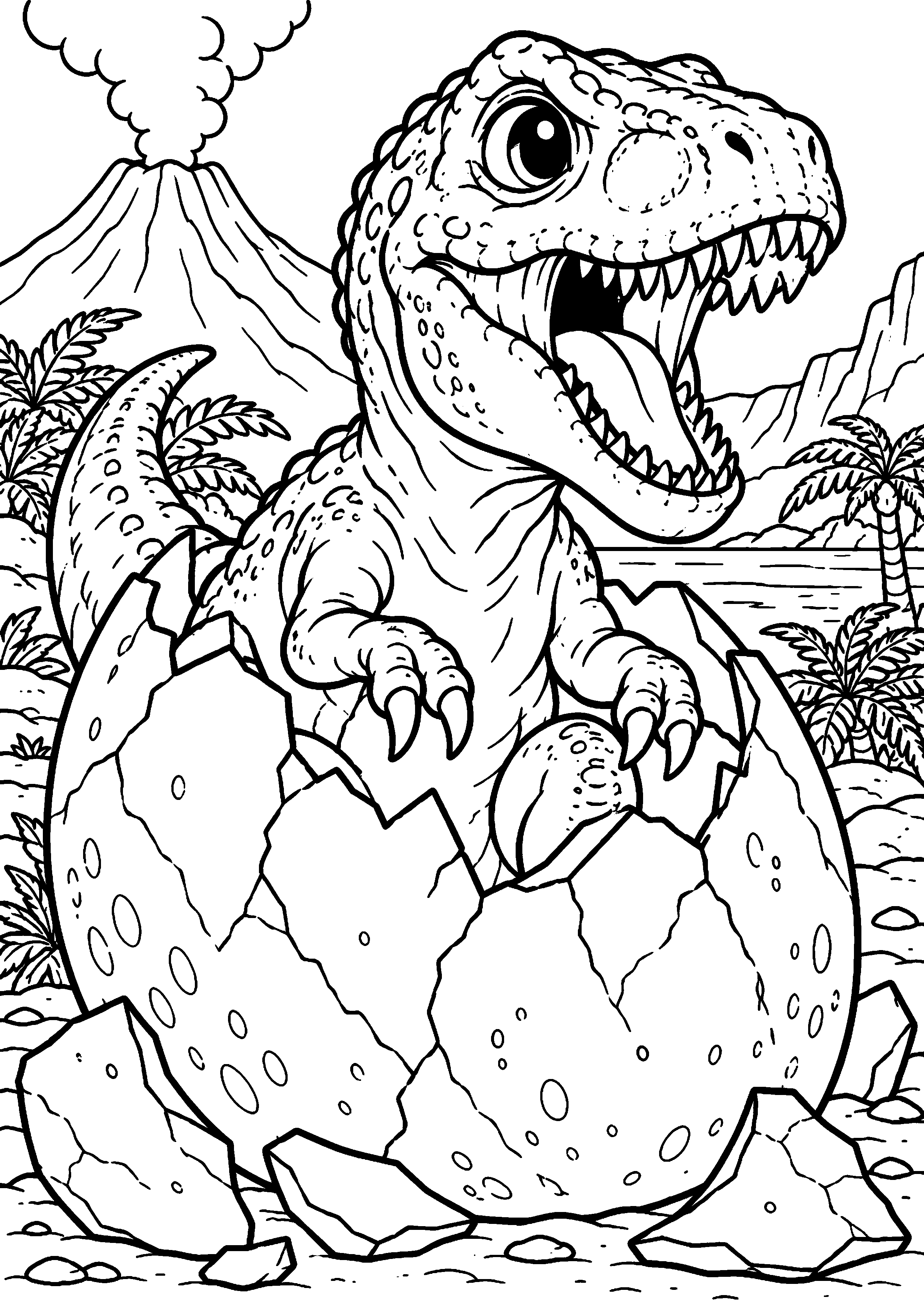 Coloriage de dinosaure représentant bébé tyrannosaure sortant de son œuf en grand