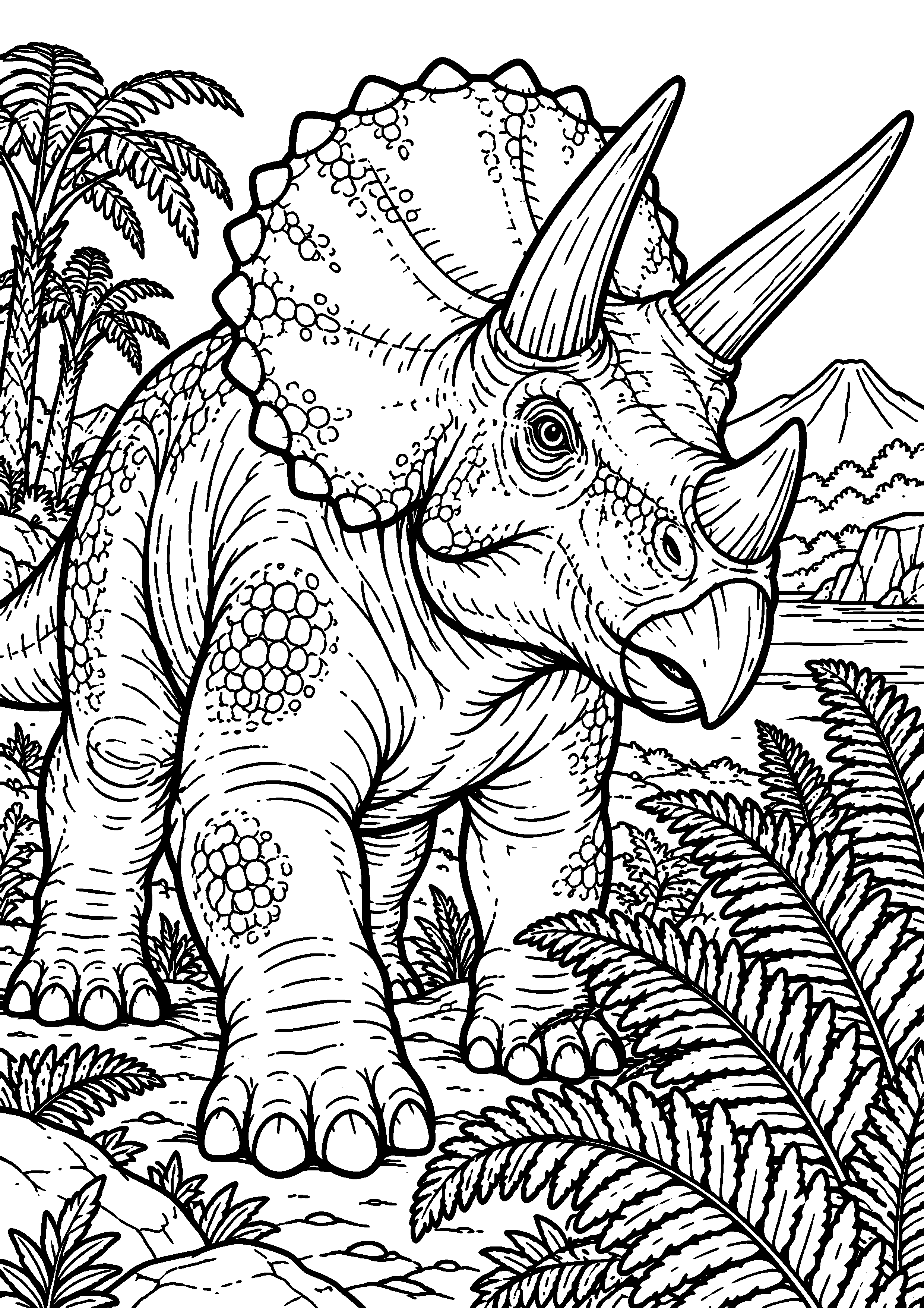 Coloriage de dinosaure représentant tricératops adulte près de grandes fougères en grand