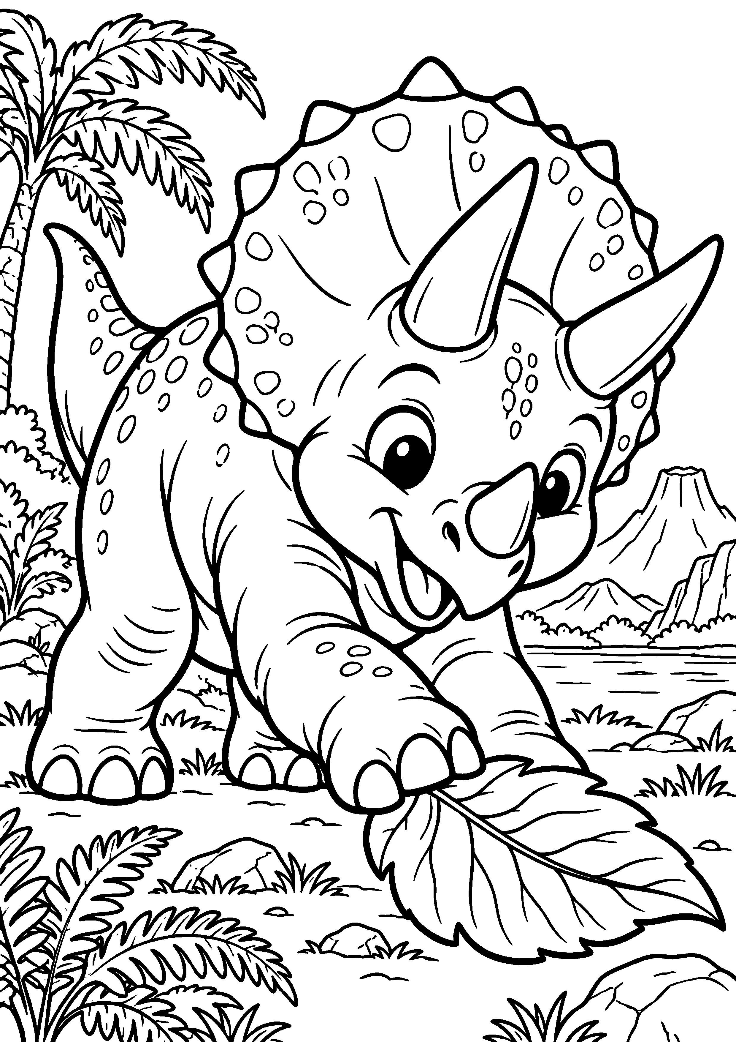 Coloriage de dinosaure représentant bébé tricératops jouant avec une feuille en grand