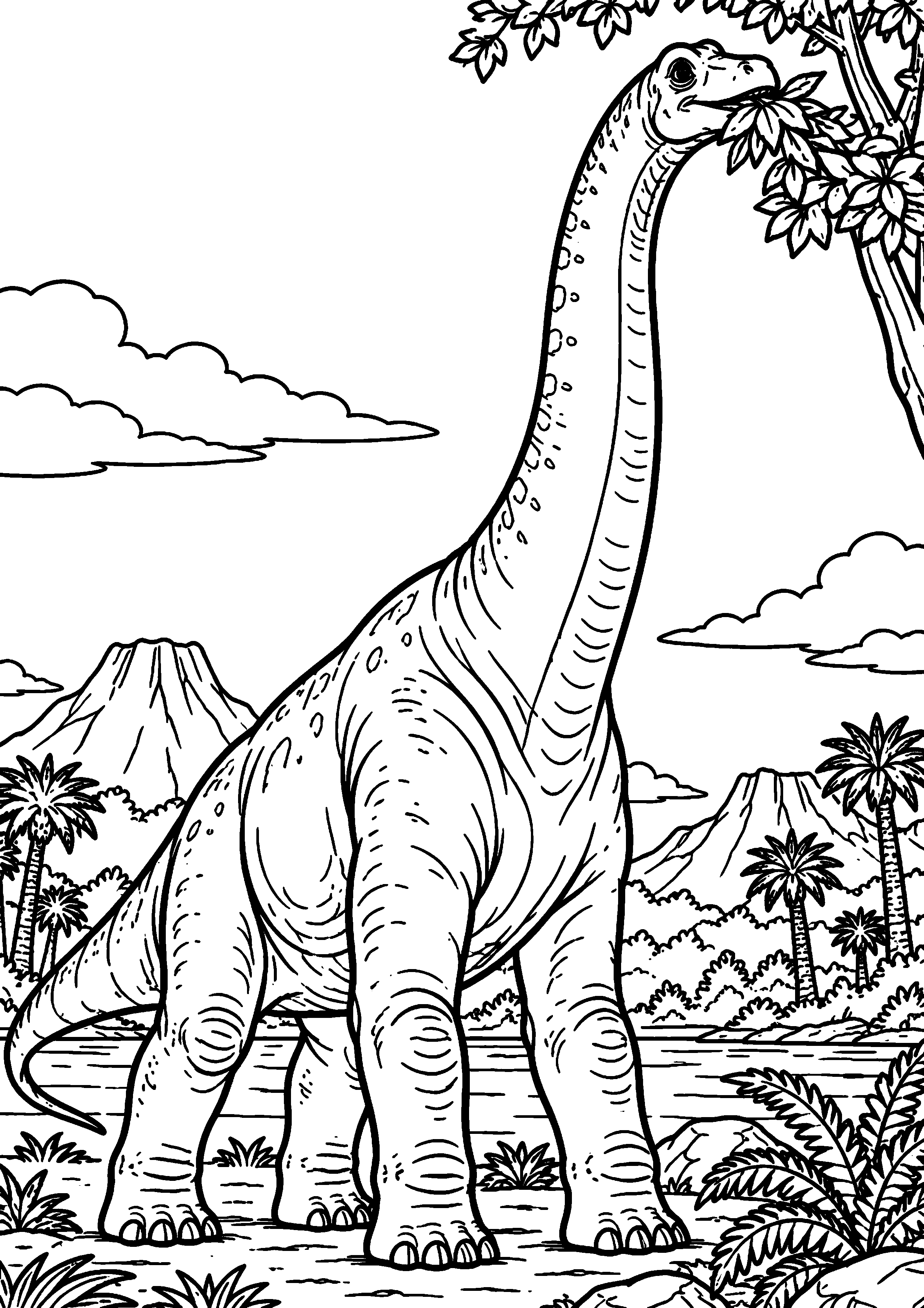 Coloriage de dinosaure représentant brachiosaure au long cou mangeant une branche en grand