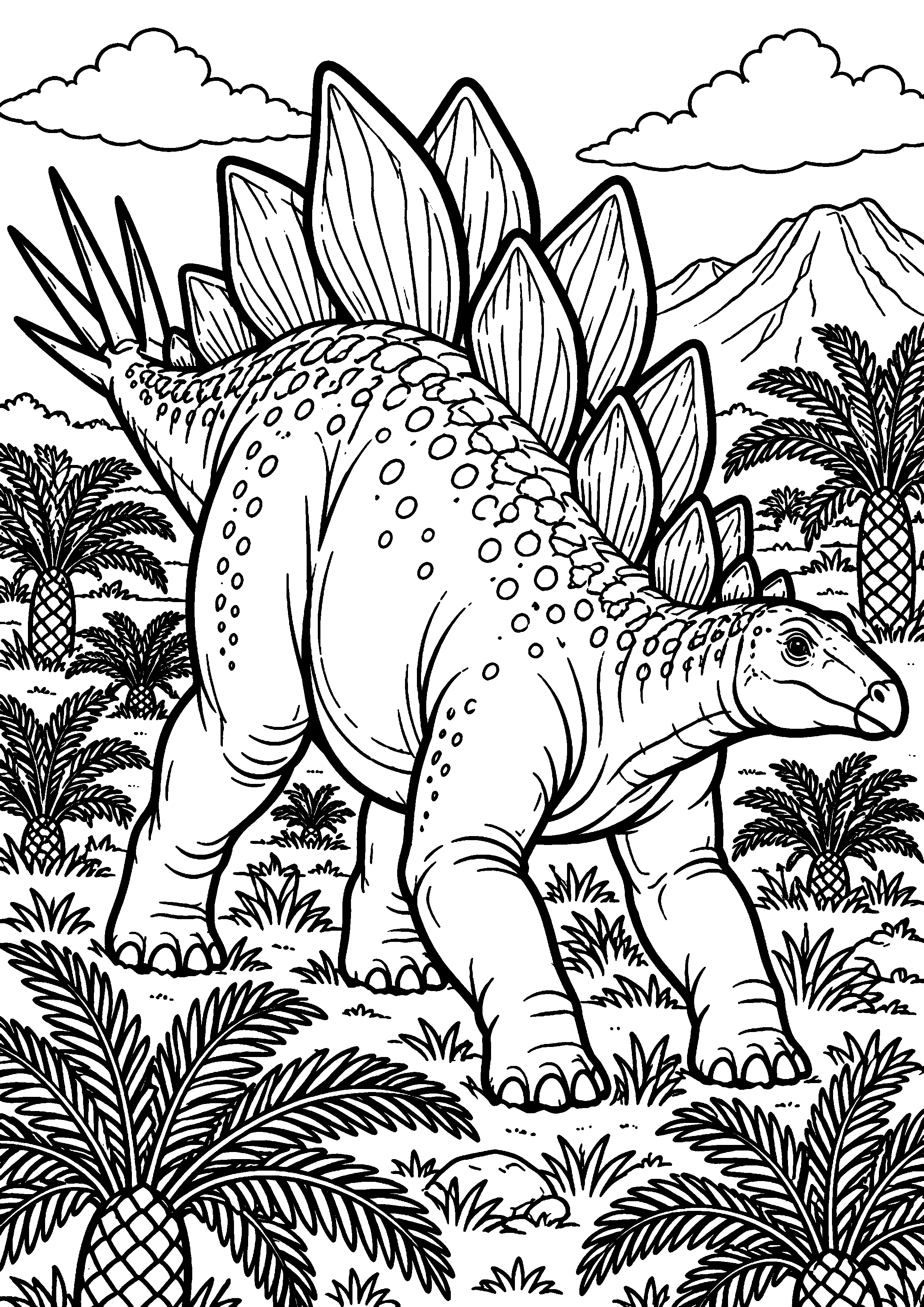 Coloriage de dinosaure représentant stégosaure traversant une plaine de cycas en grand