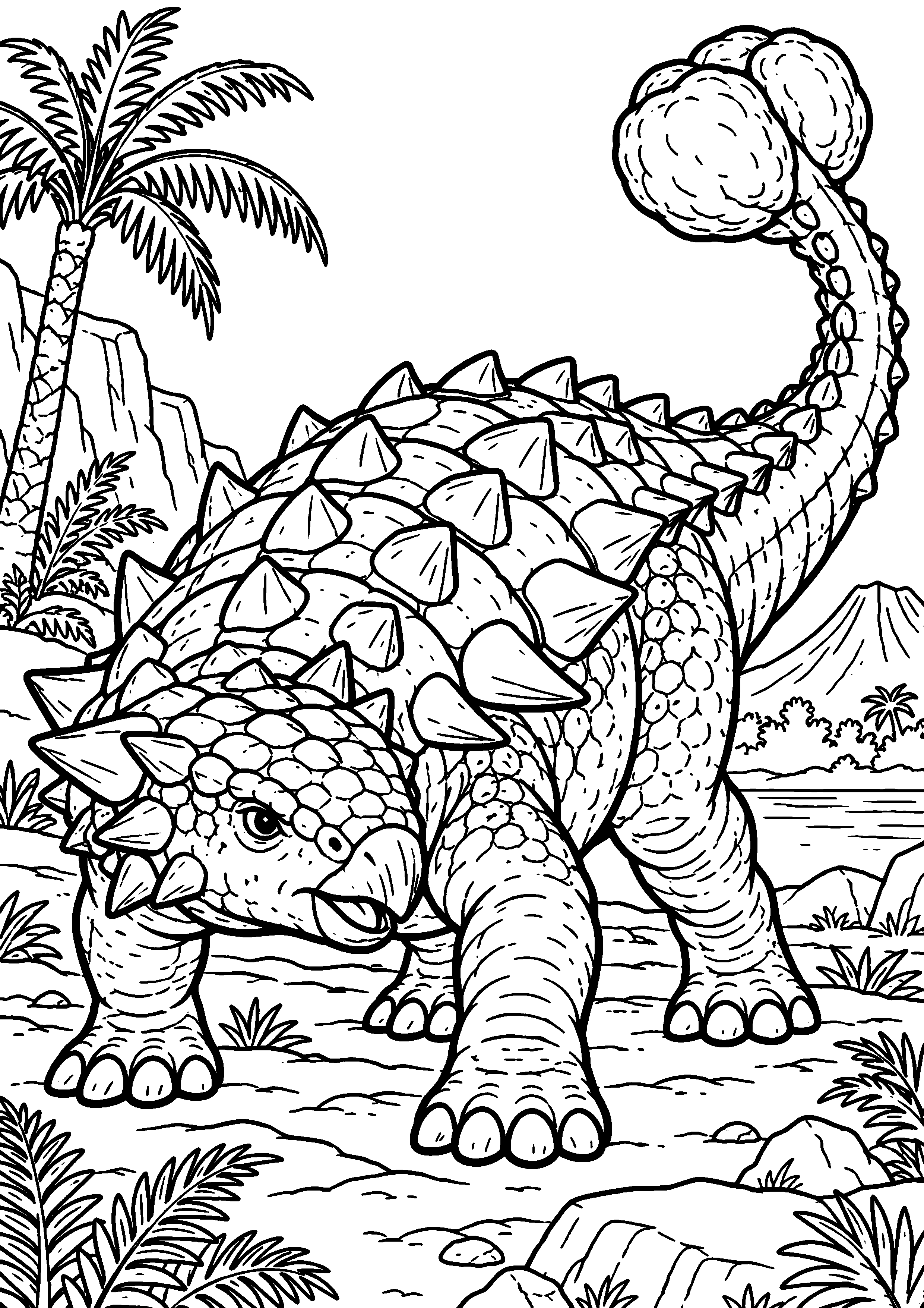 Coloriage de dinosaure représentant ankylosaure montrant sa queue en massue en grand