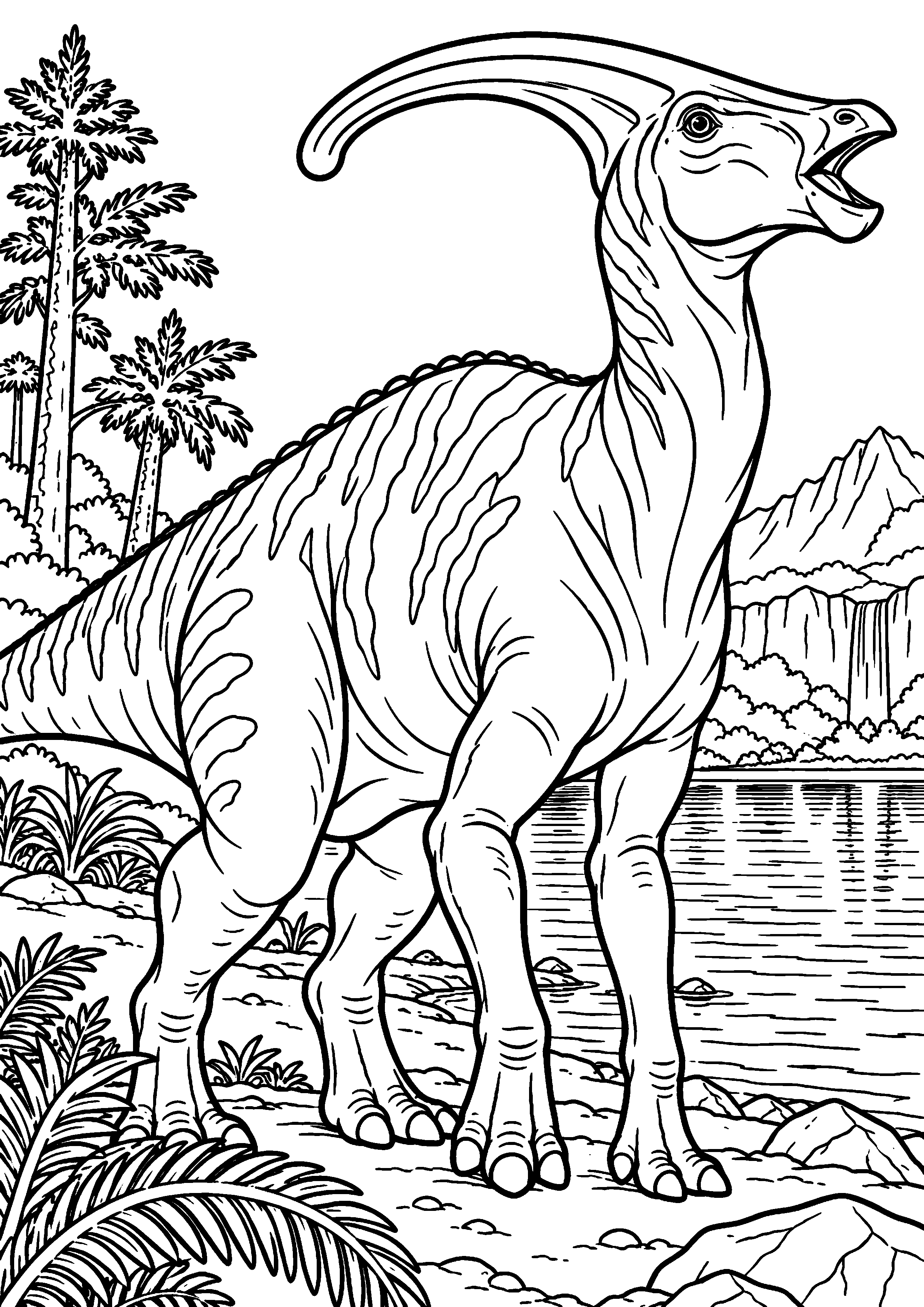 Coloriage de dinosaure représentant parasaurolophus appelant près d'un lac en grand