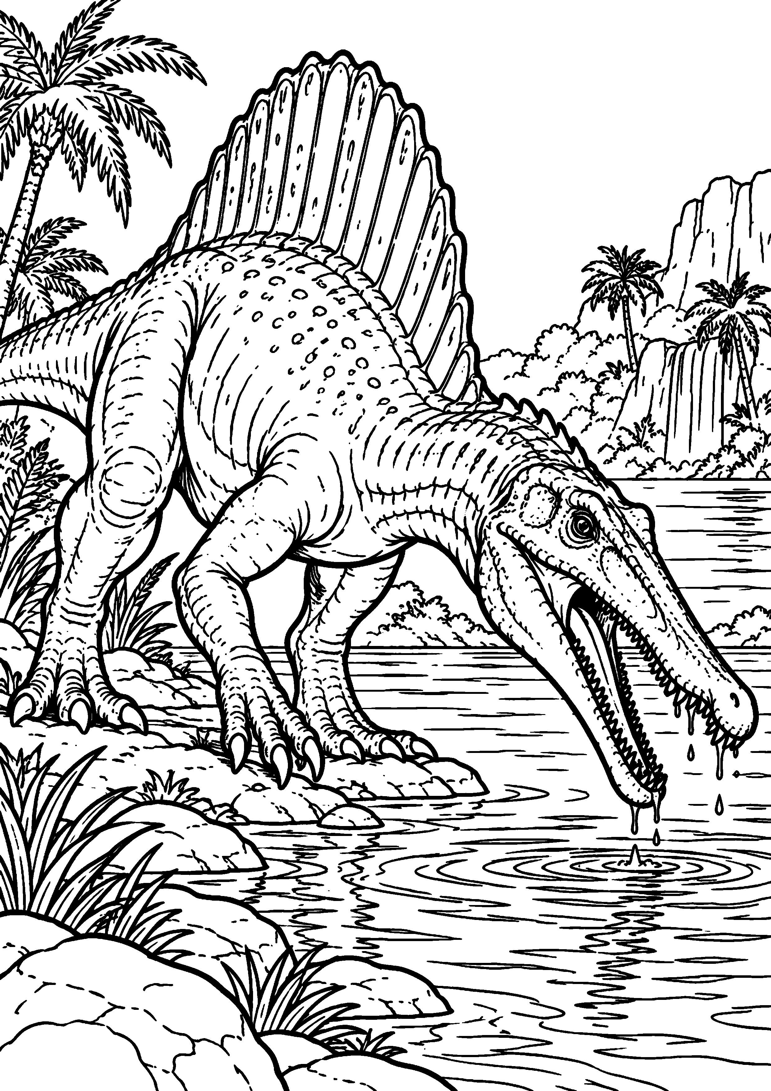Coloriage de dinosaure représentant spinosaurus au bord d'une rivière en grand