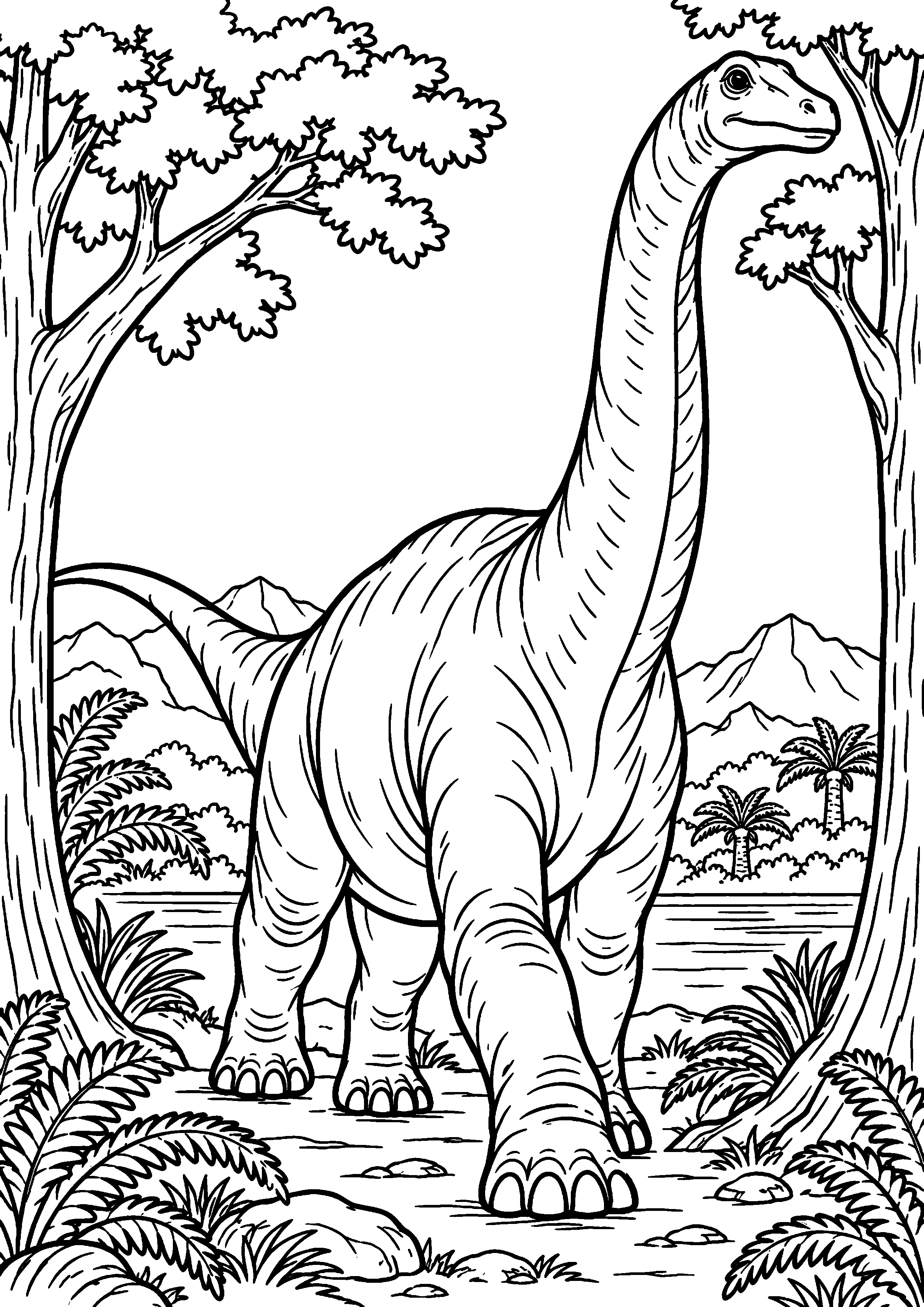 Coloriage de dinosaure représentant diplodocus avançant entre deux arbres en grand
