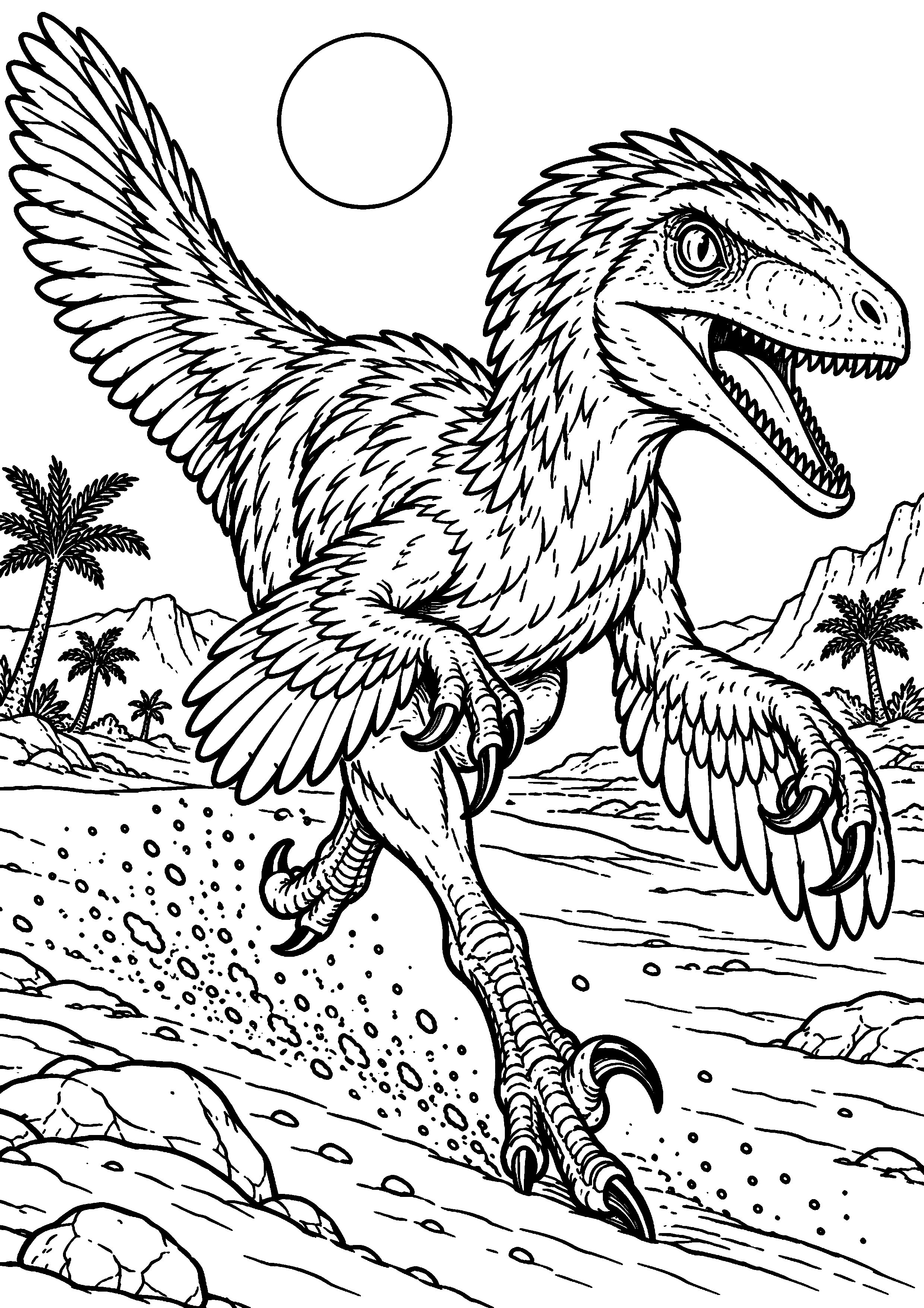 Coloriage de dinosaure représentant vélociraptor à plumes courant dans le sable en grand