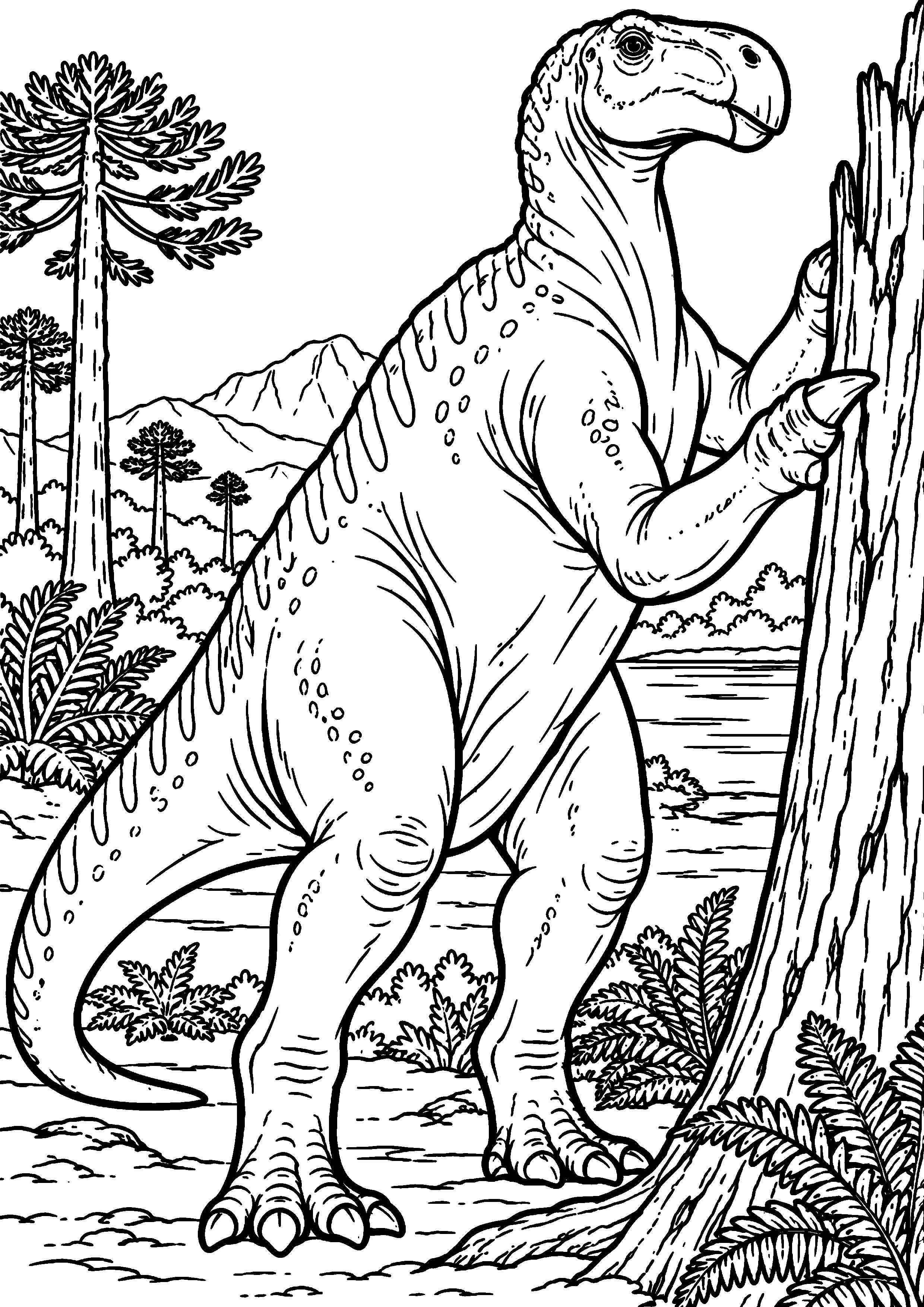 Coloriage de dinosaure représentant iguanodon dressé près d'un tronc en grand