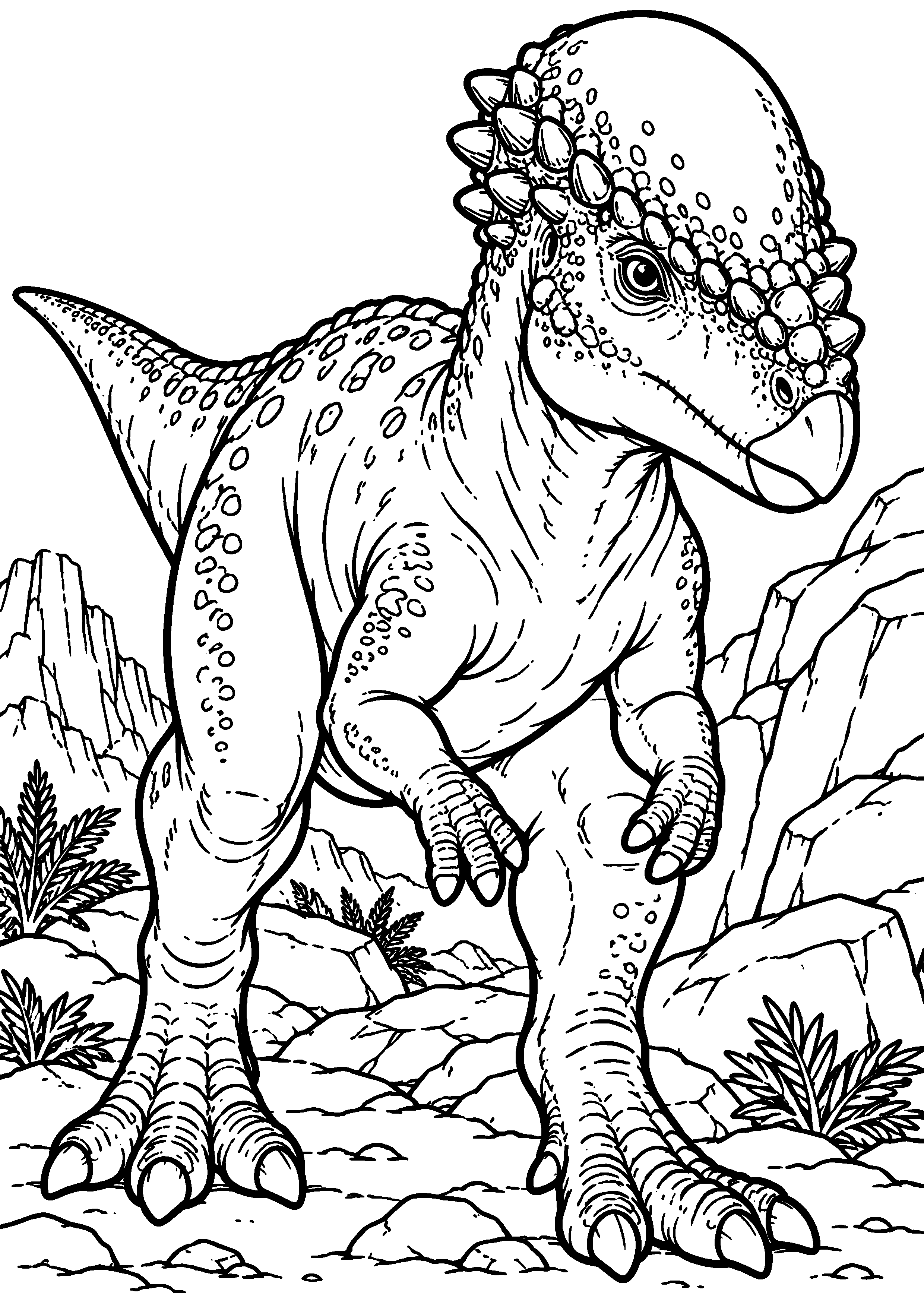 Coloriage de dinosaure représentant pachycéphalosaure devant des rochers en grand