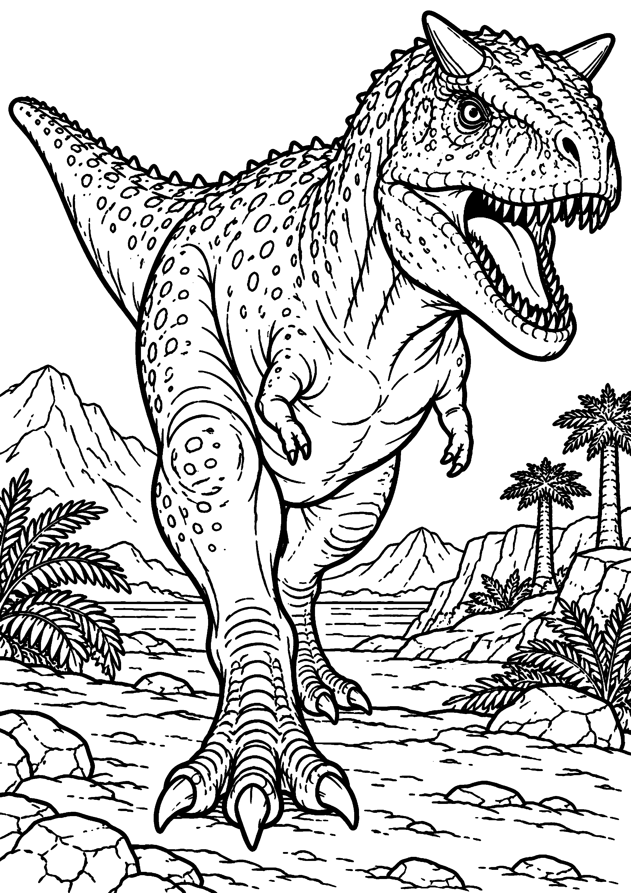 Coloriage de dinosaure représentant carnotaurus à petites cornes en marche en grand