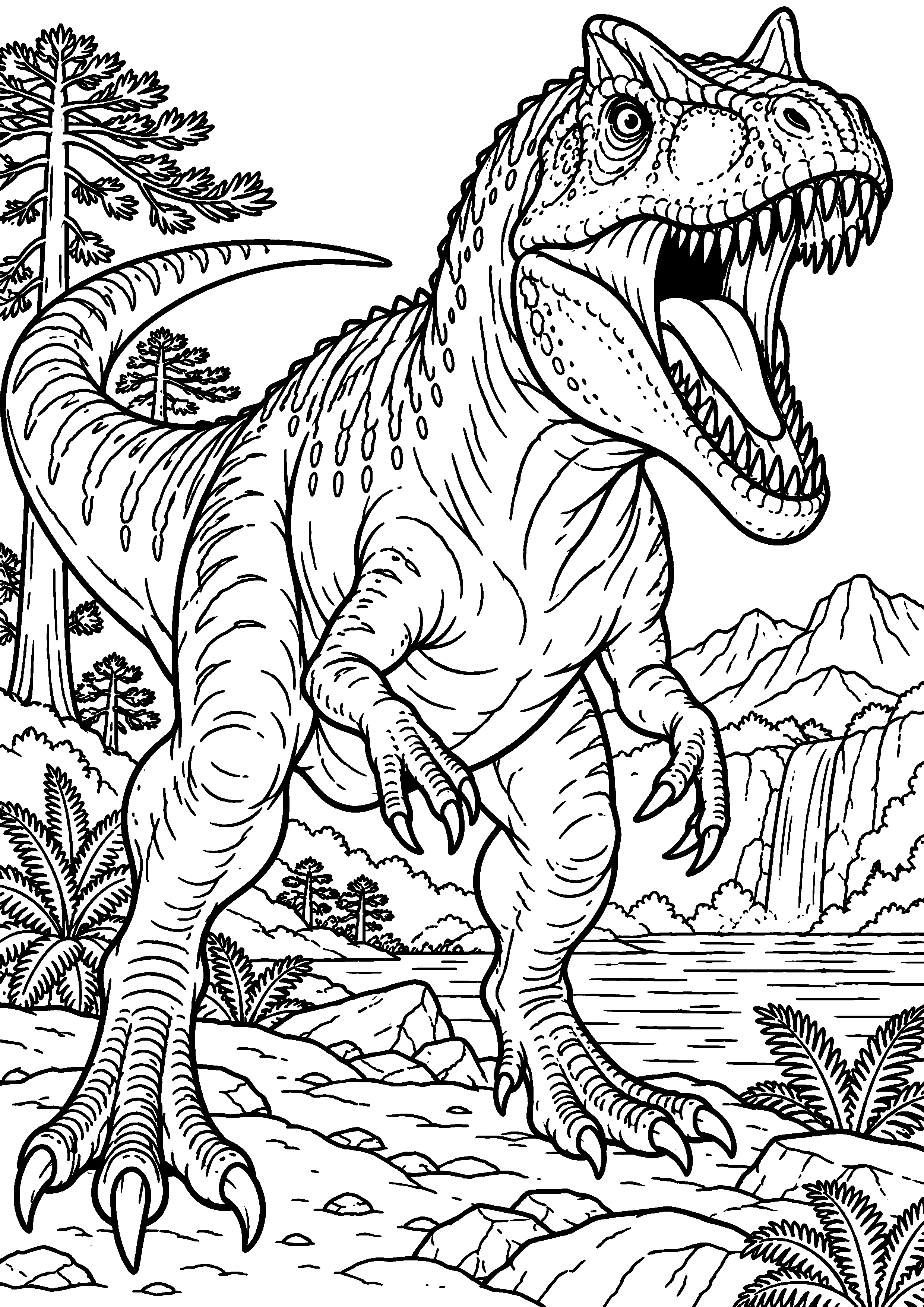 Coloriage de dinosaure représentant allosaurus rugissant sans agressivité en grand