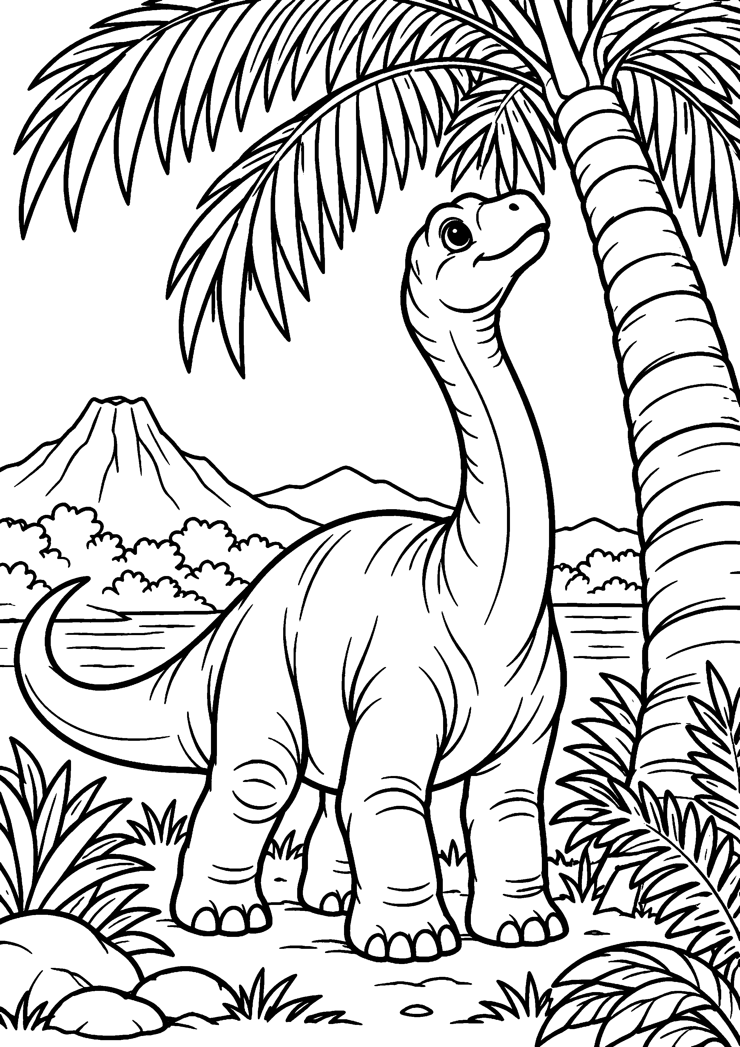 Coloriage de dinosaure représentant apatosaurus bébé sous un grand palmier en grand