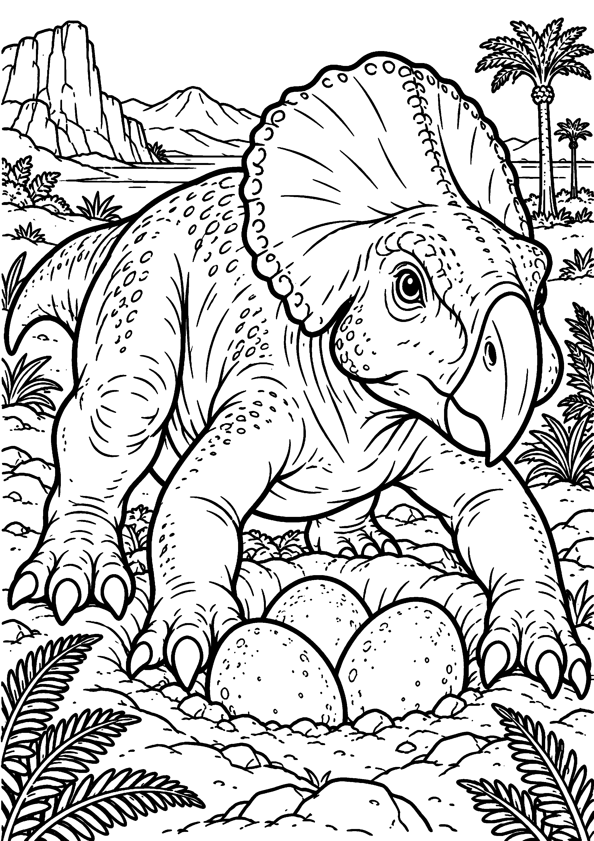 Coloriage de dinosaure représentant protocératops gardant trois œufs en grand
