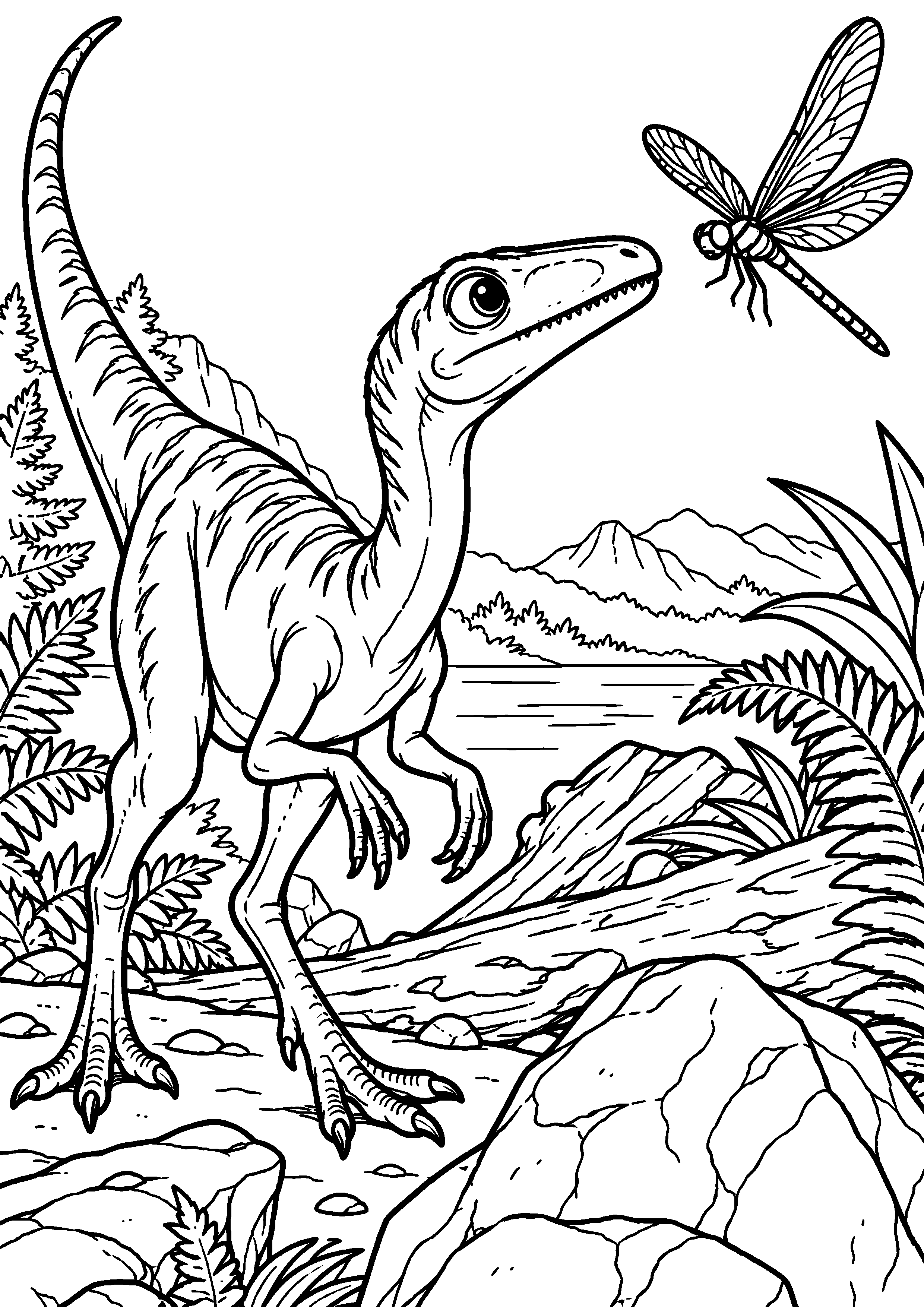 Coloriage de dinosaure représentant compsognathus curieux devant une libellule en grand