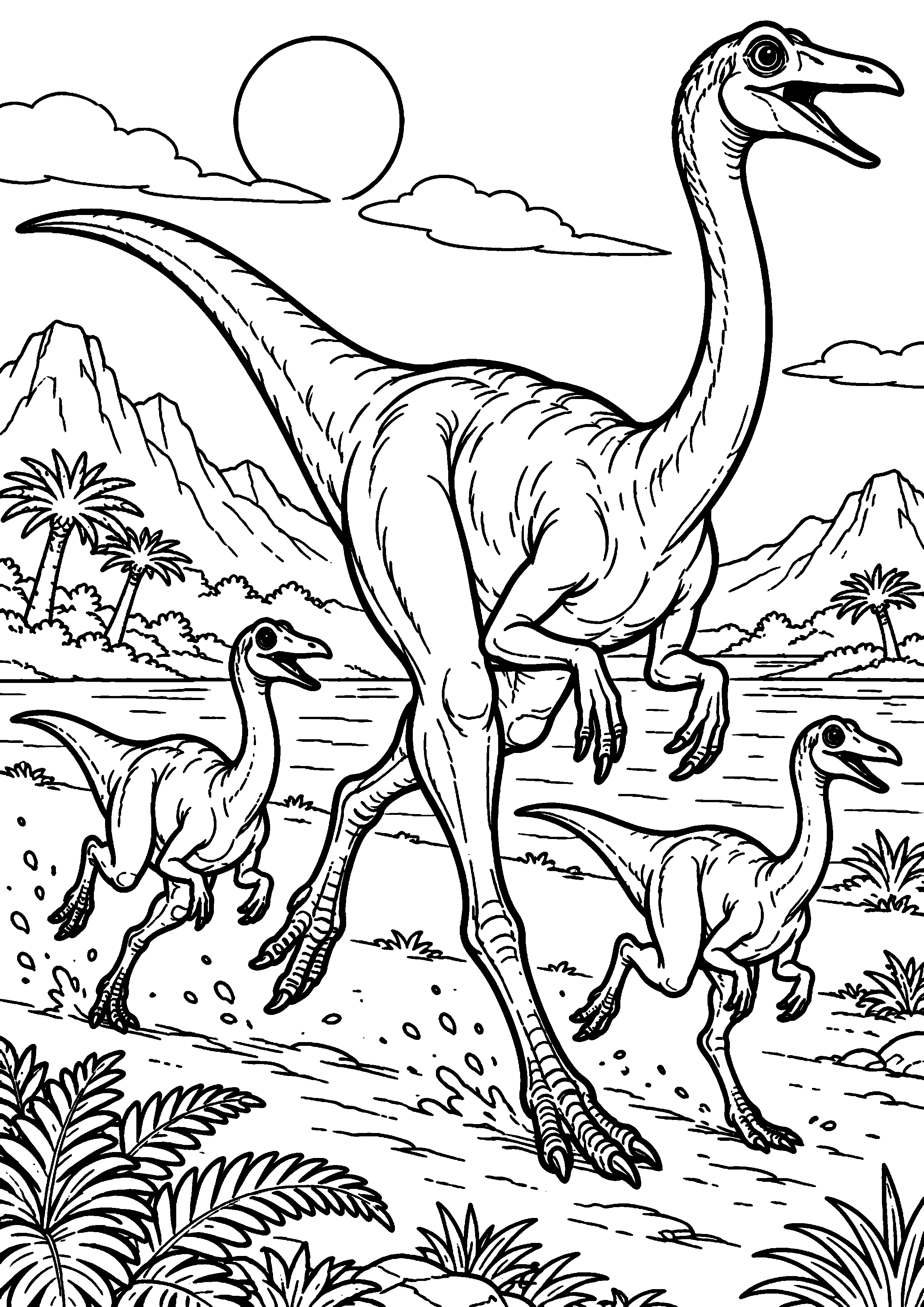 Coloriage de dinosaure représentant gallimimus courant avec deux petits en grand
