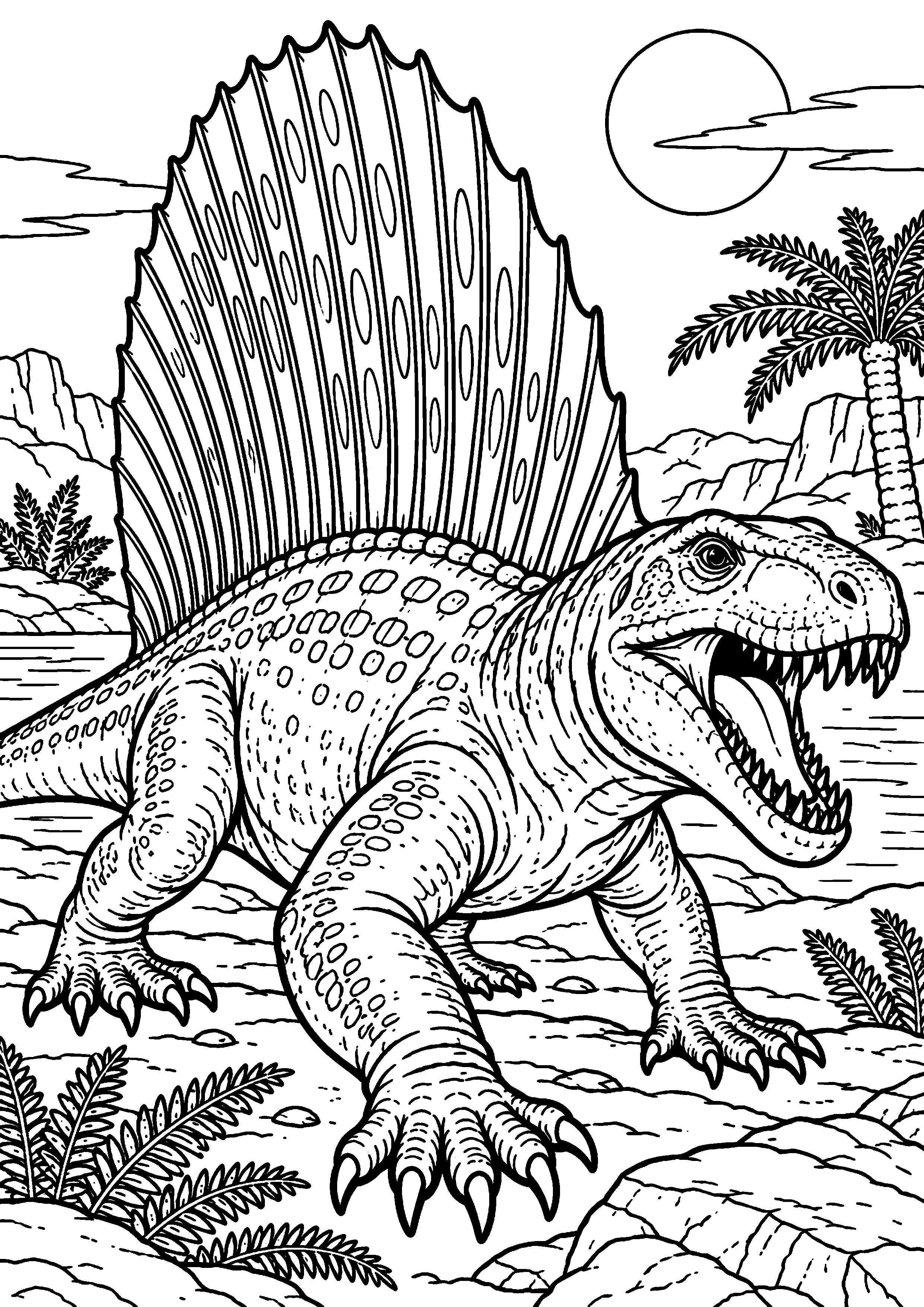 Coloriage de dinosaure représentant dimétrodon générique à grande voile dorsale en grand