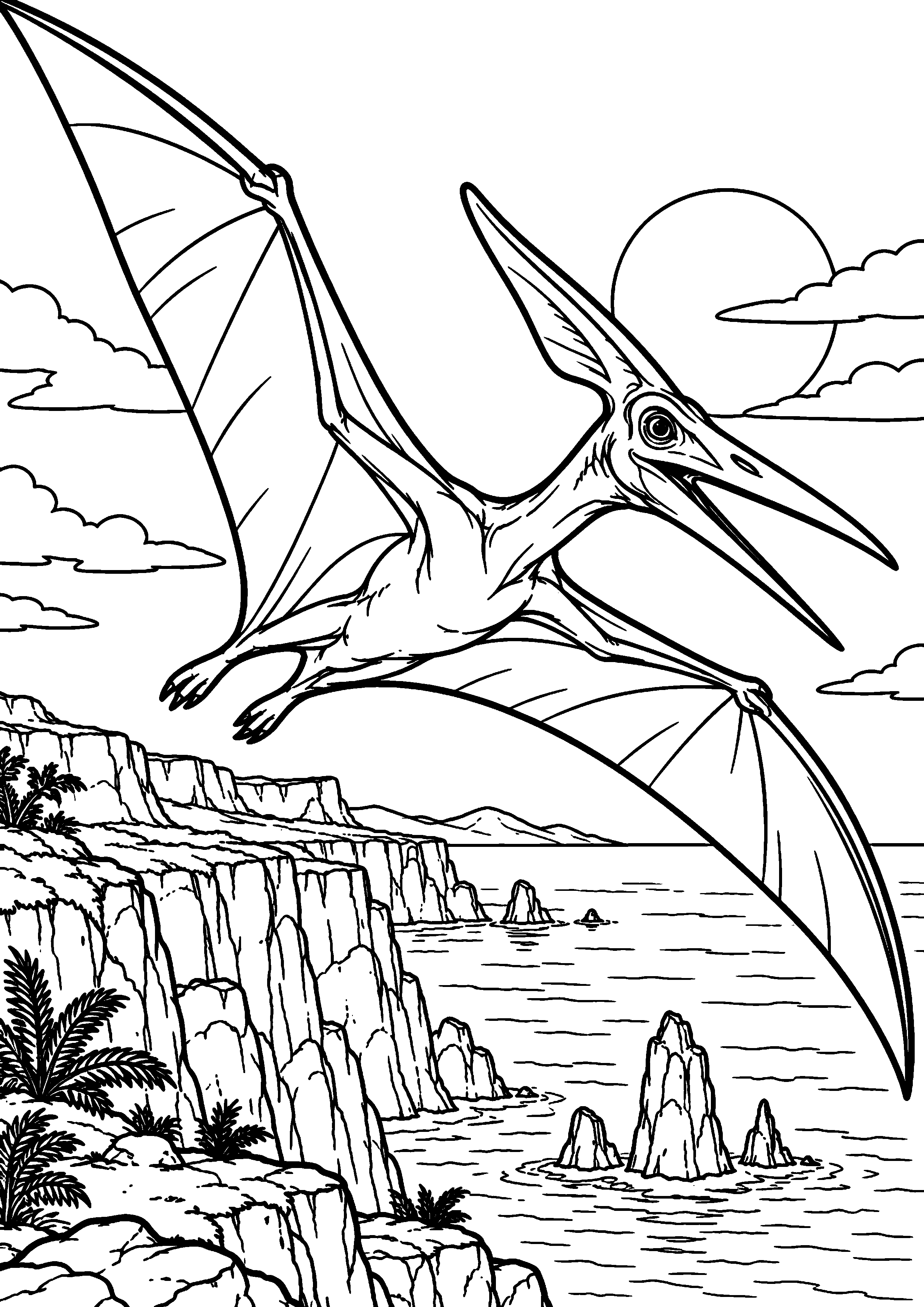Coloriage de dinosaure représentant ptéranodon planant au-dessus des falaises en grand
