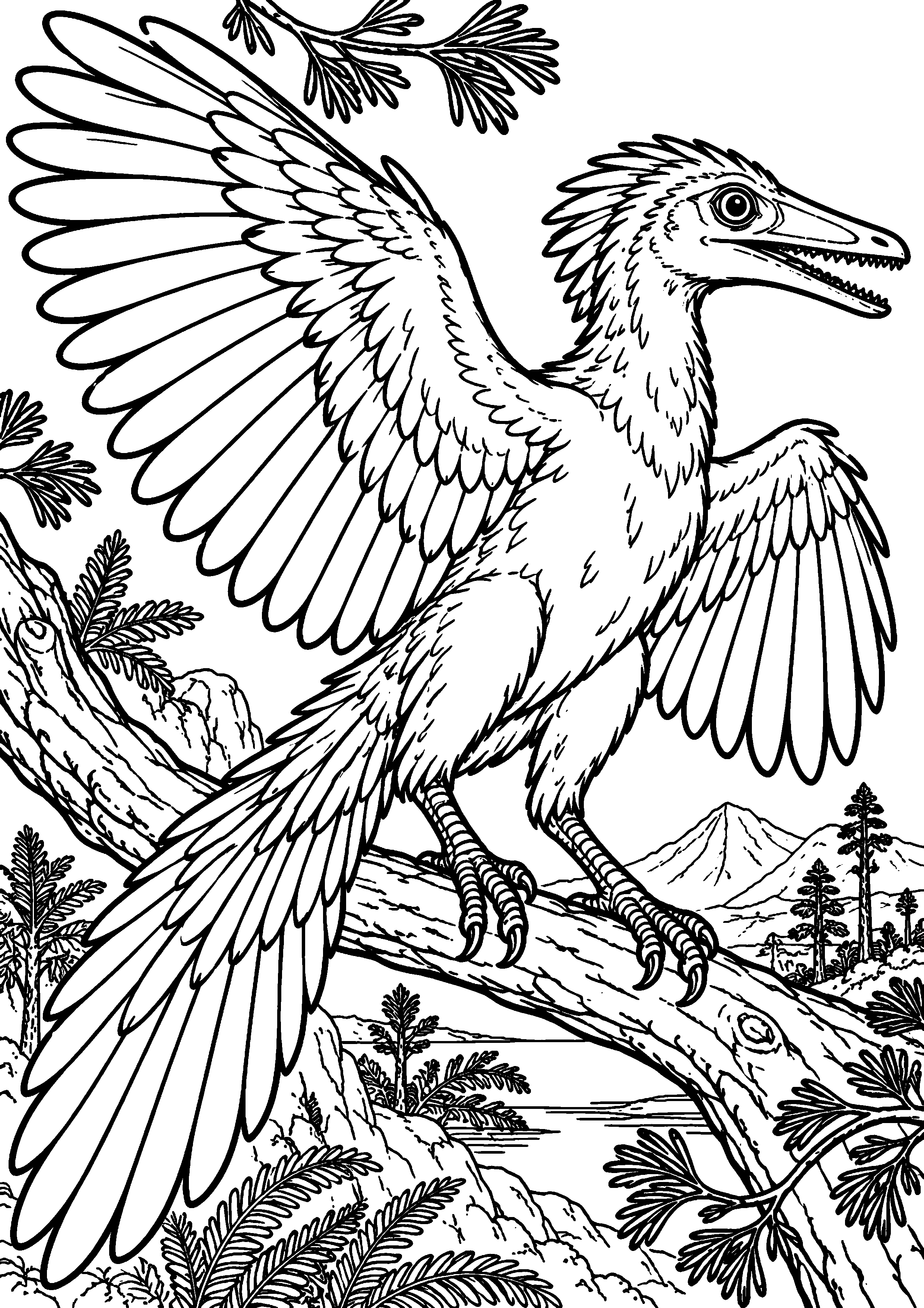 Coloriage de dinosaure représentant archéoptéryx perché sur une branche en grand