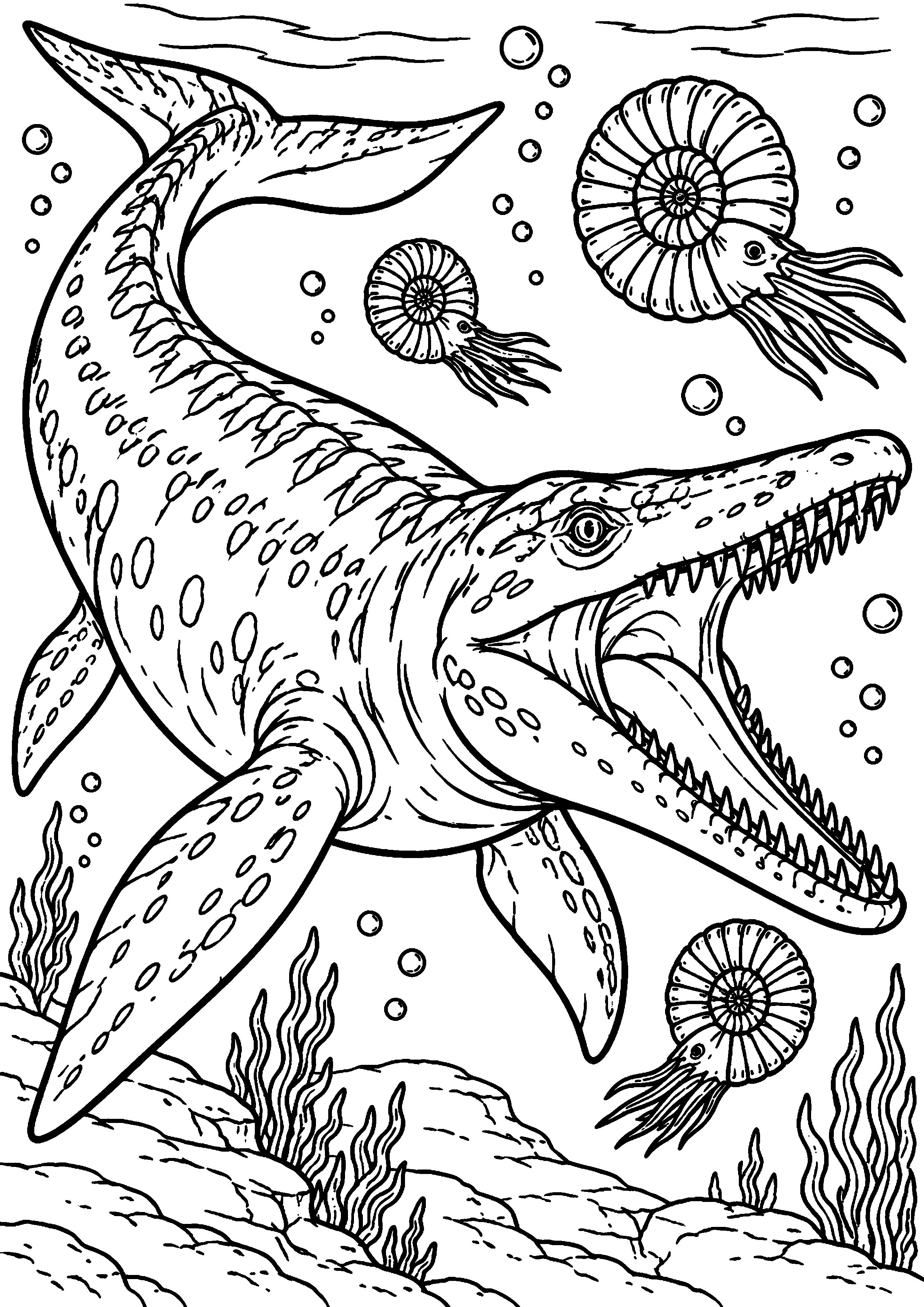 Coloriage de dinosaure représentant mosasaure générique nageant avec des ammonites en grand
