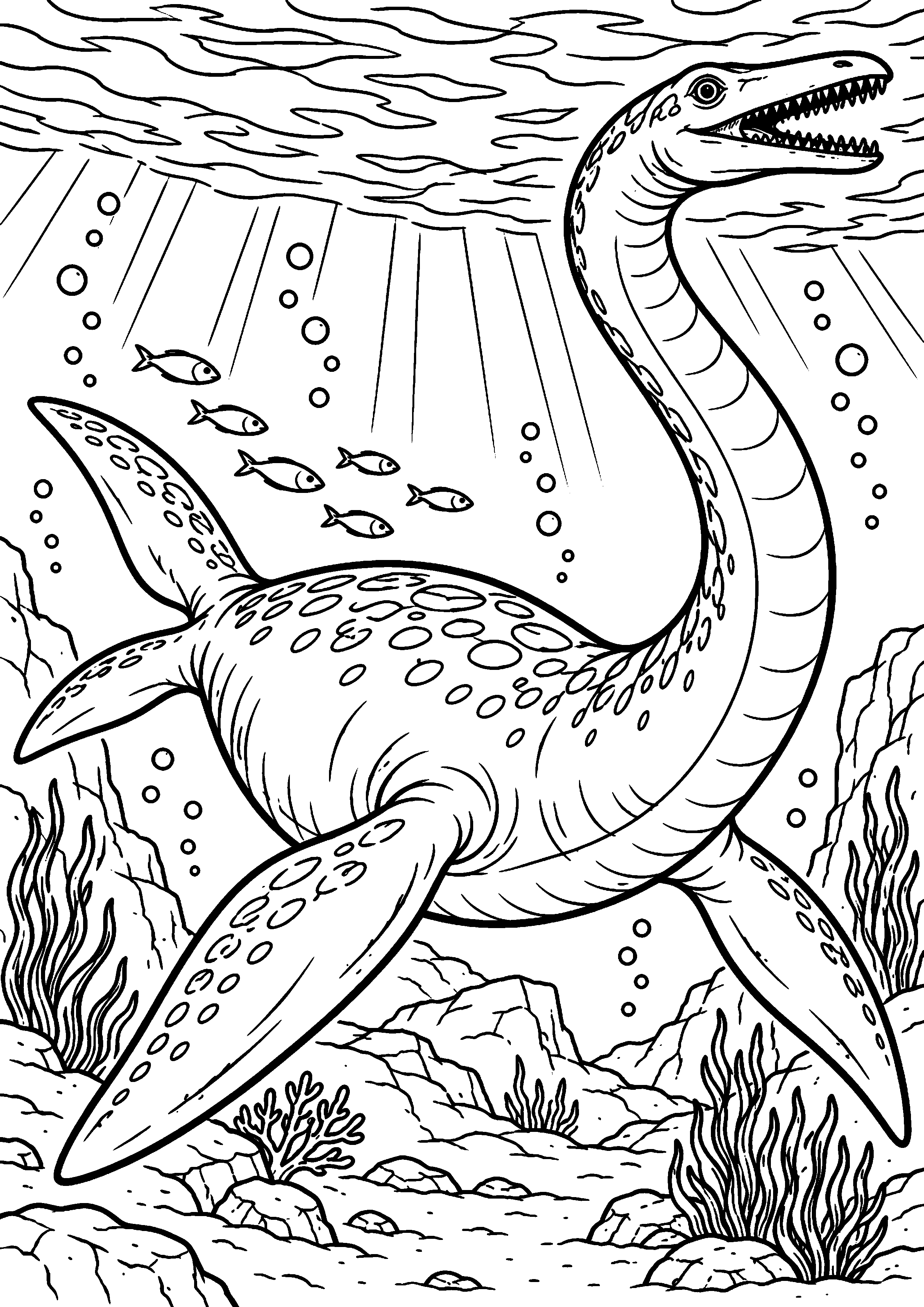 Coloriage de dinosaure représentant plésiosaure au long cou sous les vagues en grand