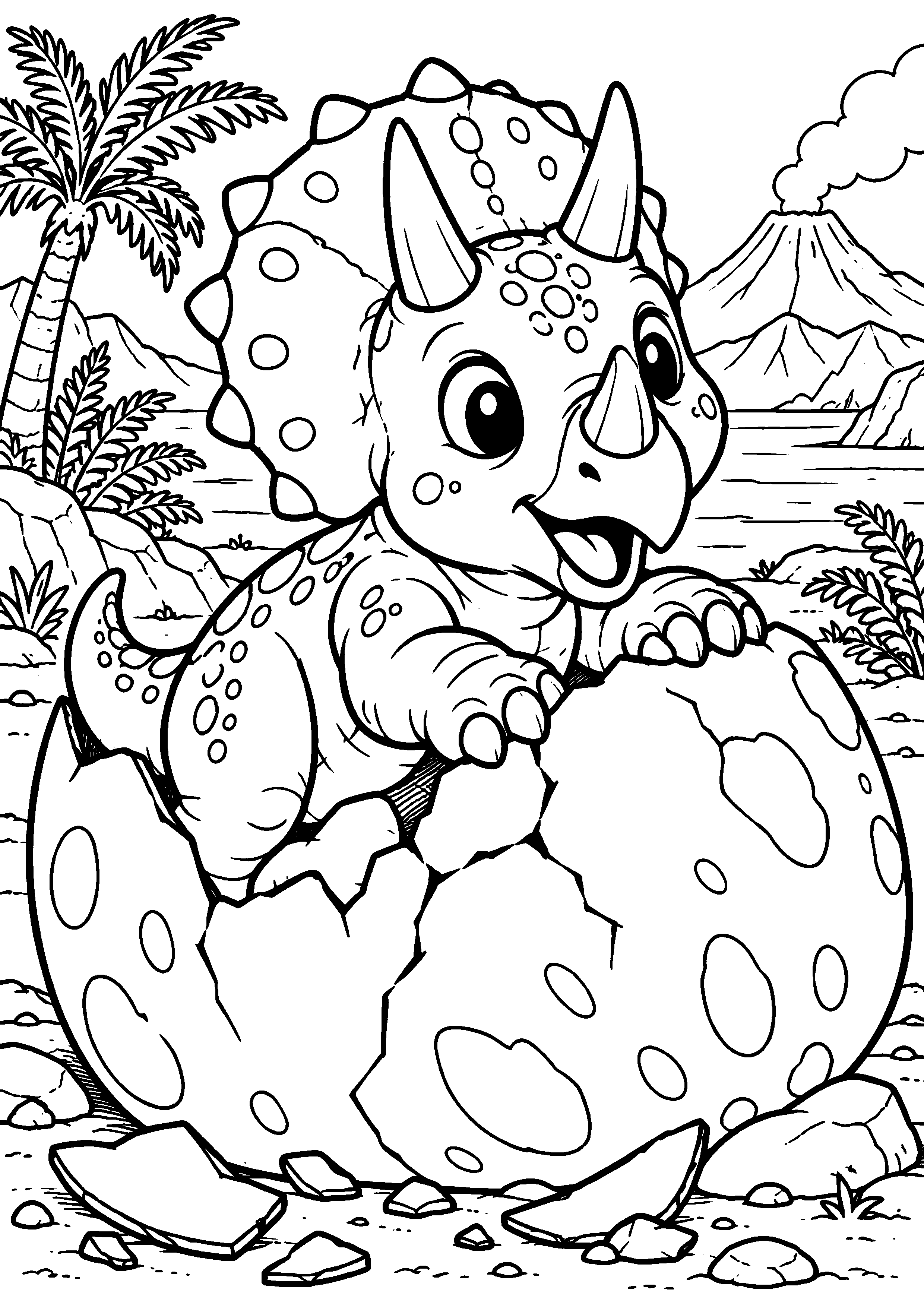 Coloriage de dinosaure représentant bébé dinosaure poussant la coquille de son œuf en grand