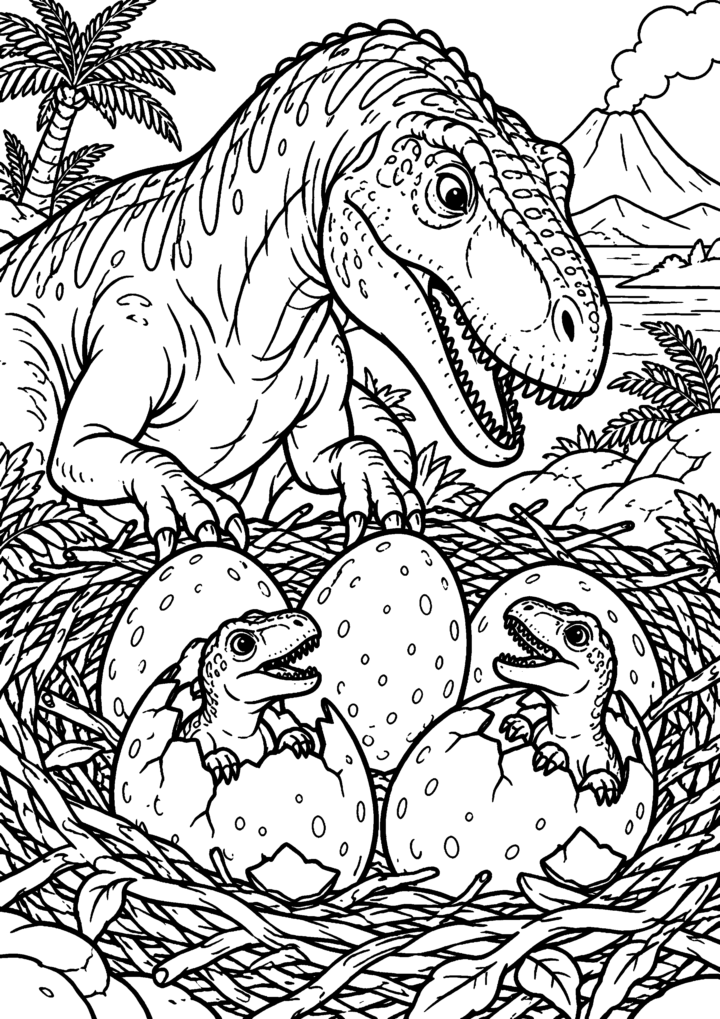 Coloriage de dinosaure représentant nid de cinq œufs dont deux éclosent en grand