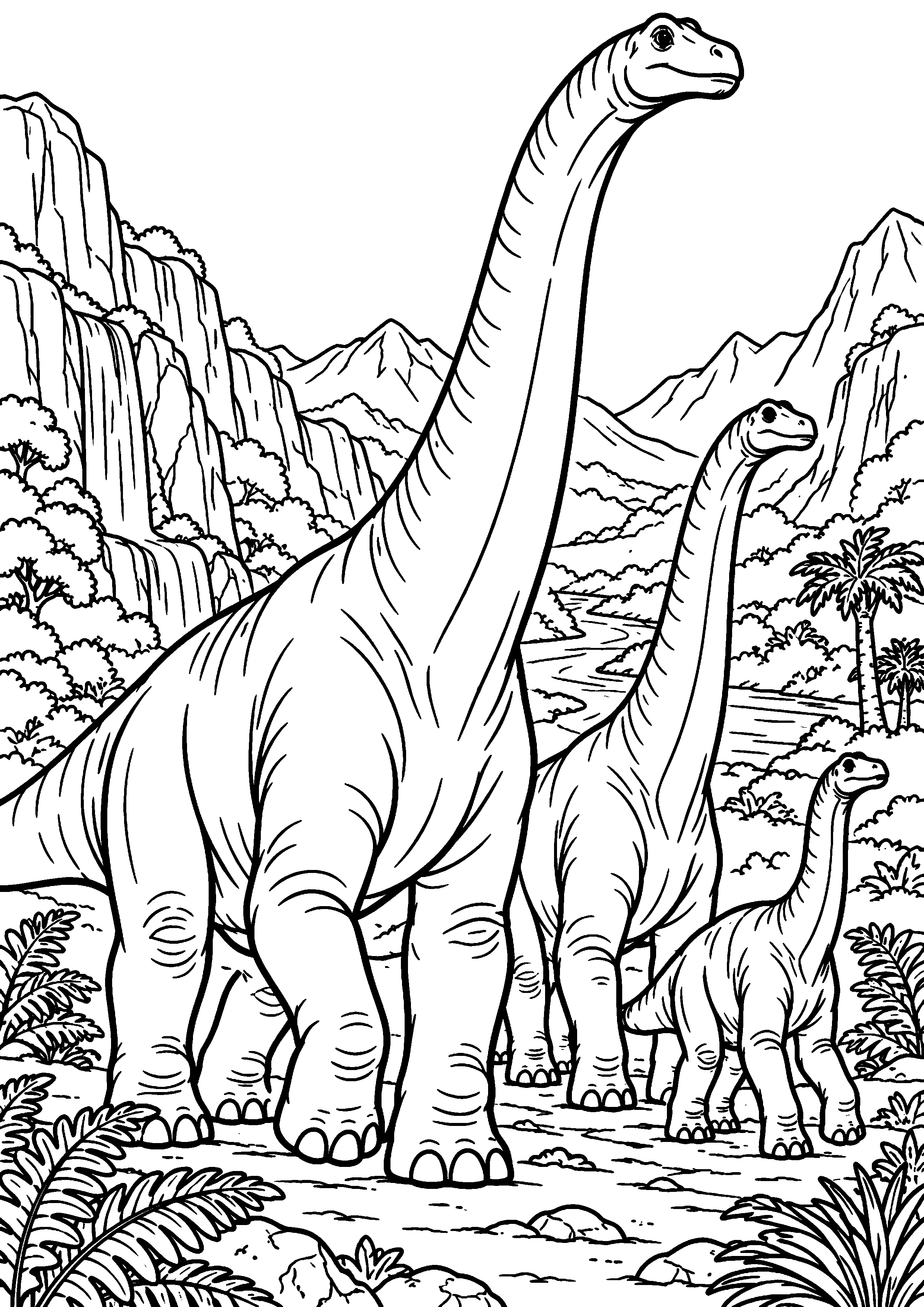 Coloriage de dinosaure représentant famille de brachiosaures traversant une vallée en grand