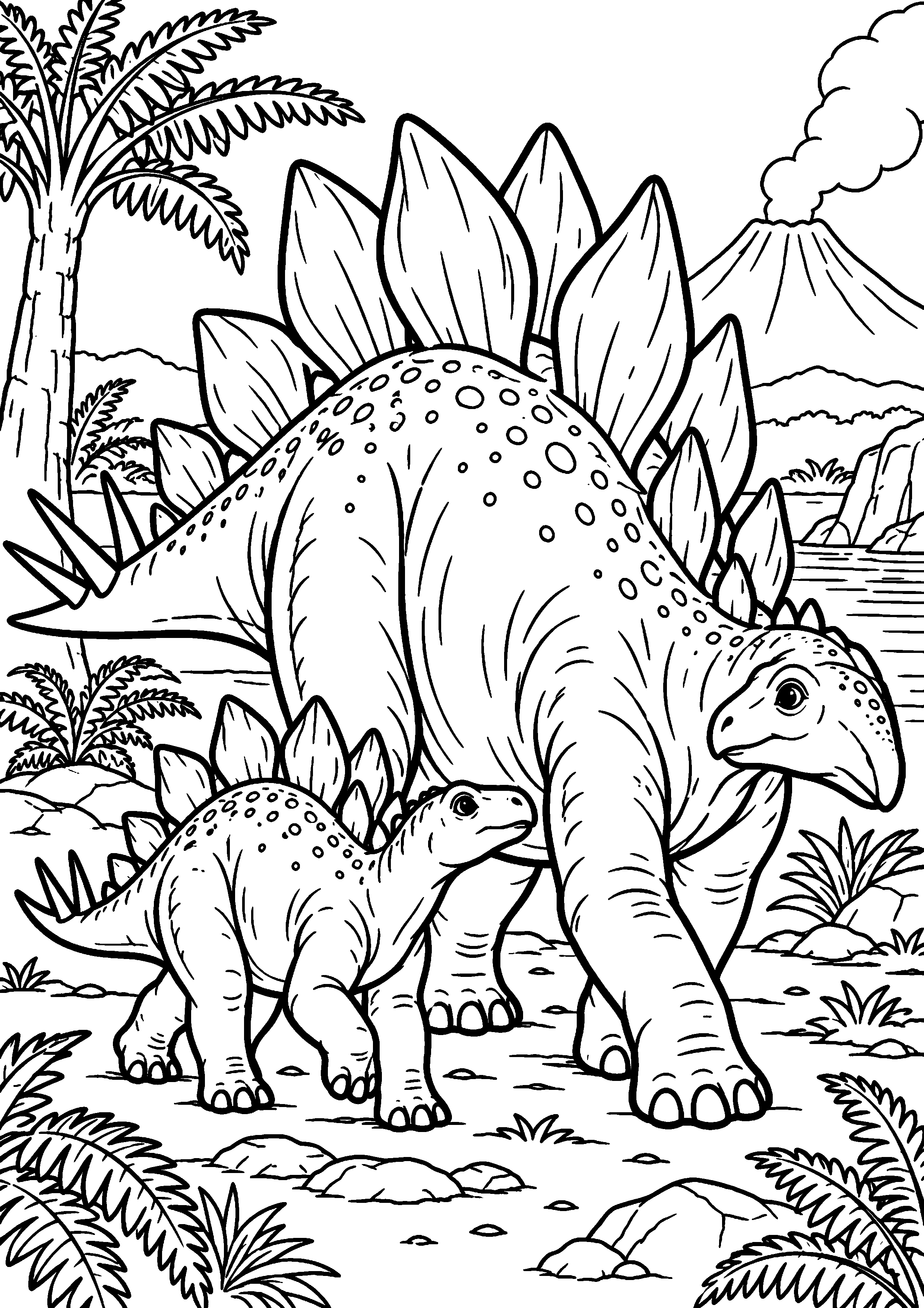 Coloriage de dinosaure représentant maman stégosaure guidant son petit en grand