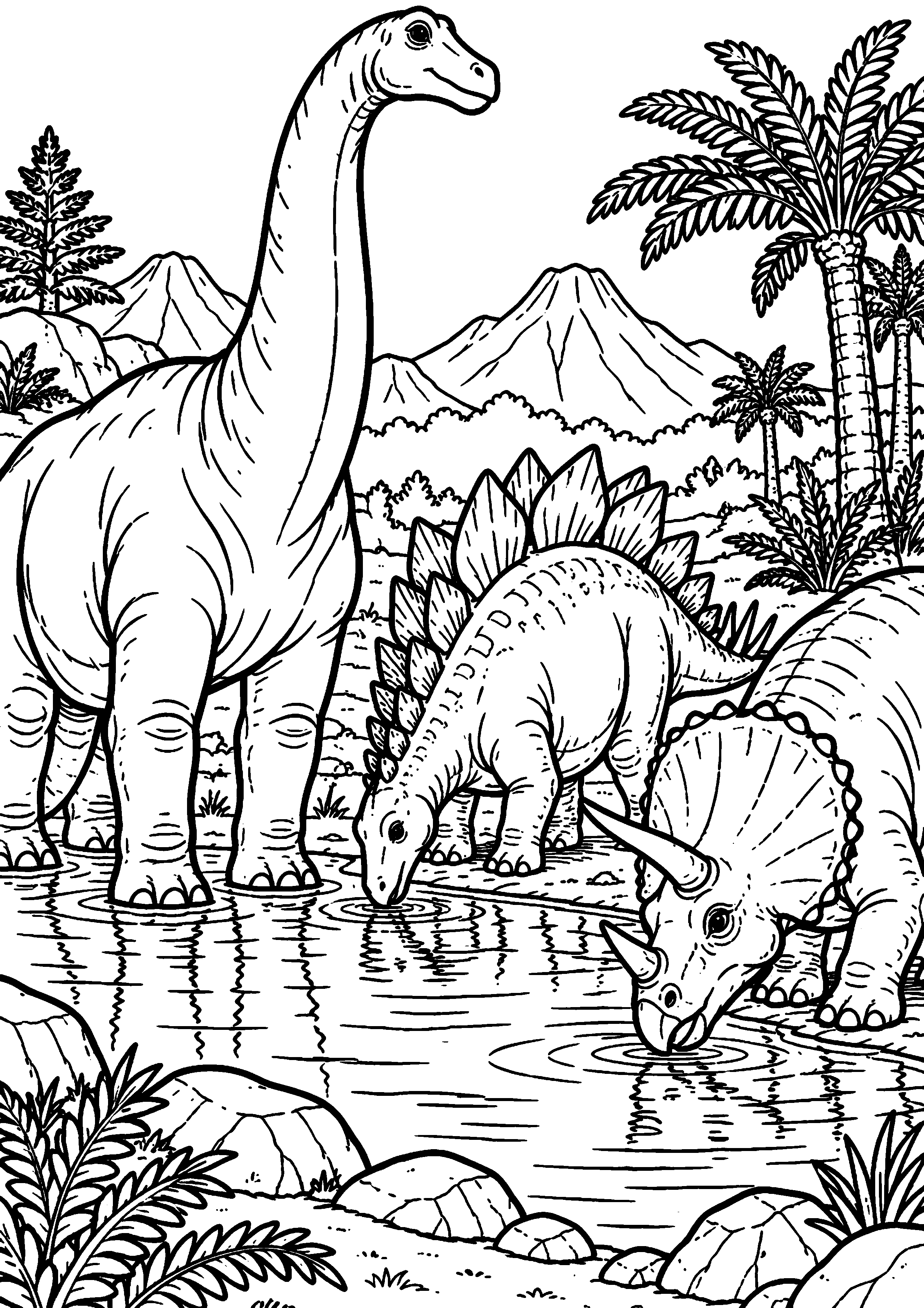 Coloriage de dinosaure représentant trois dinosaures herbivores autour d'un point d'eau en grand