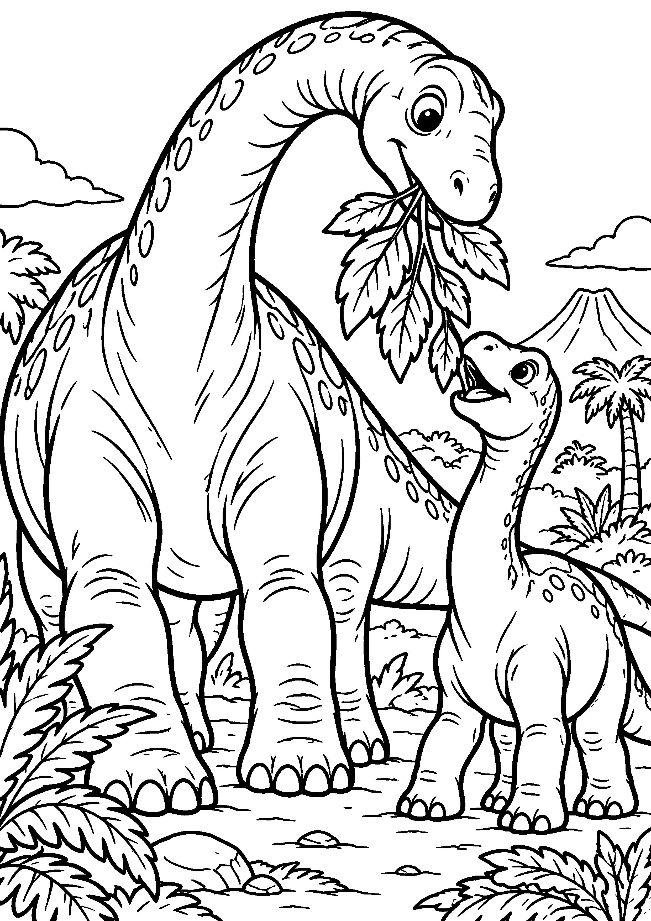 Coloriage de dinosaure représentant dinosaure amical partageant des feuilles avec un petit en grand