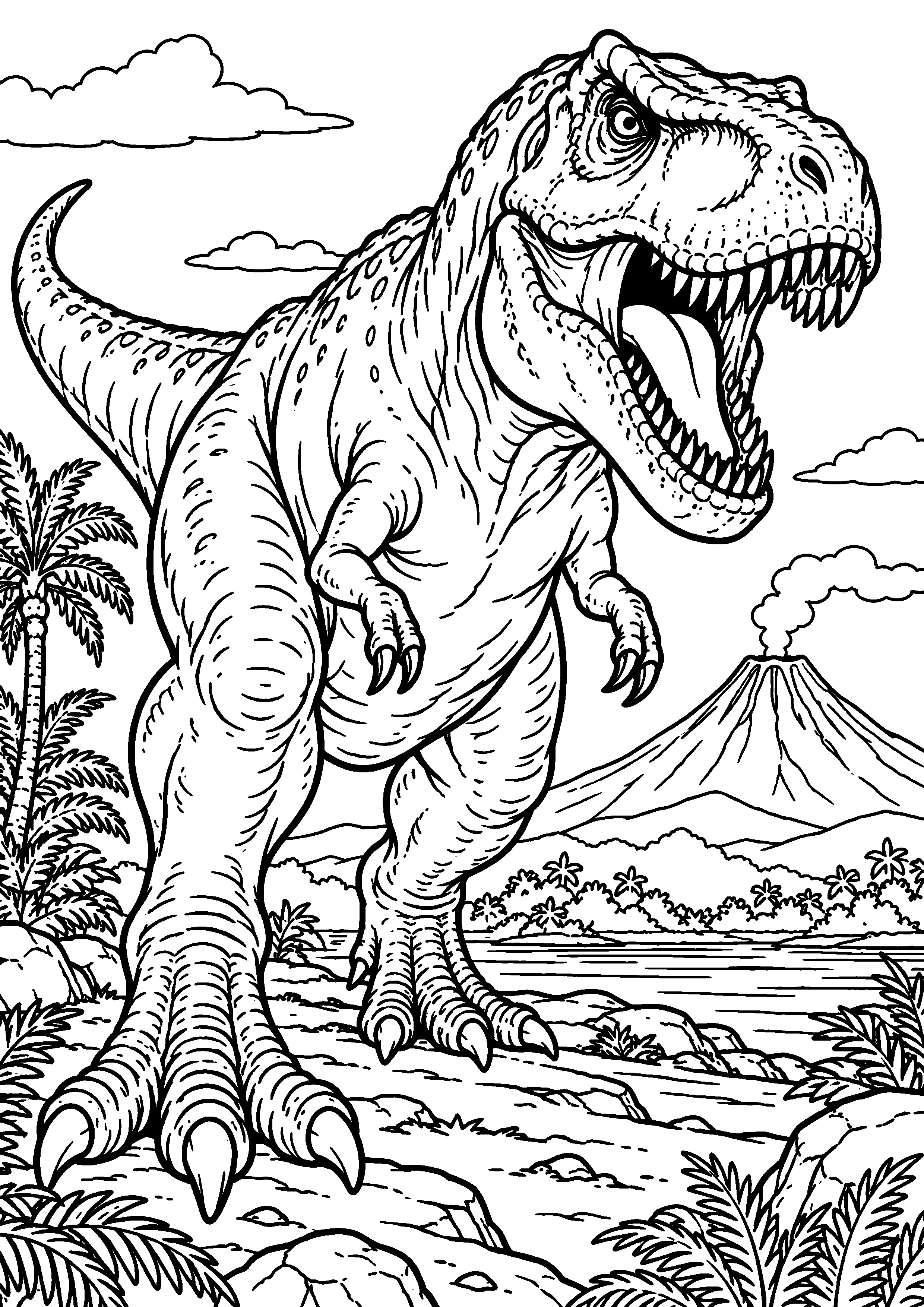 Coloriage de dinosaure représentant tyrannosaure devant un volcan calme au loin en grand
