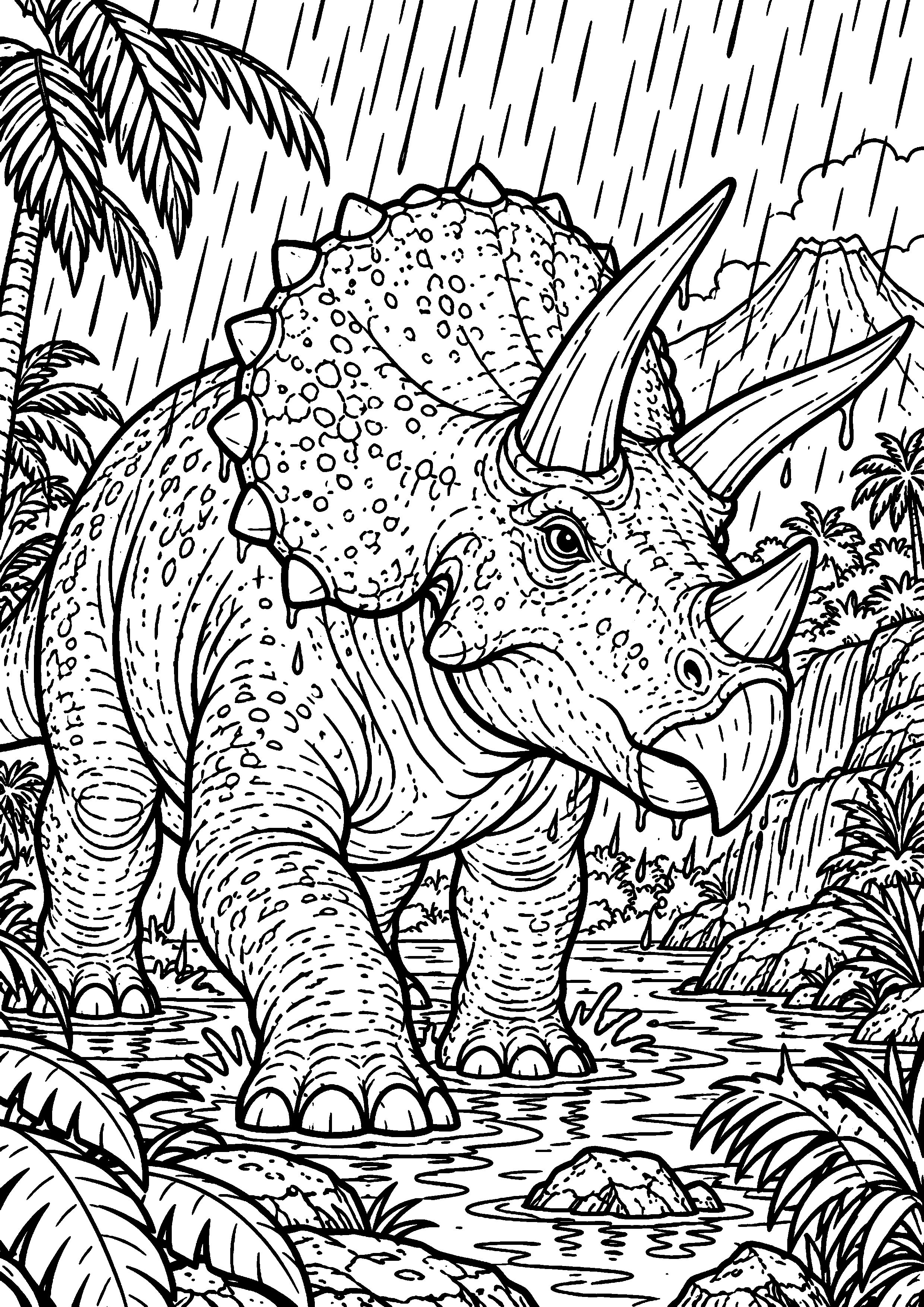 Coloriage de dinosaure représentant tricératops sous une pluie tropicale en grand